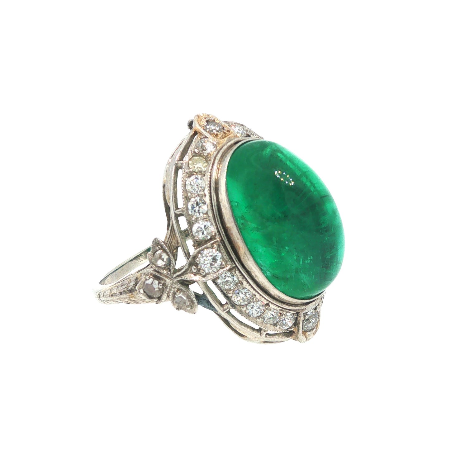 Mid-Century GIA Certified Emerald Cabochon Platinum Ring