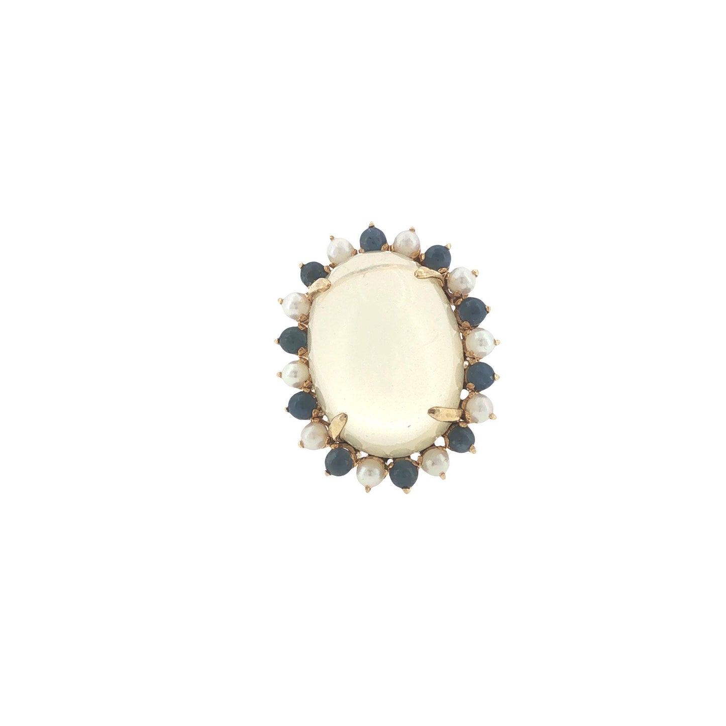 Vintage 14K Gold 36.91 Carat Cabochon Moonstone, Sapphire & Pearl Cocktail Ring