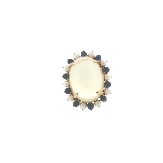 Vintage 14K Gold 36.91 Carat Cabochon Moonstone, Sapphire & Pearl Cocktail Ring