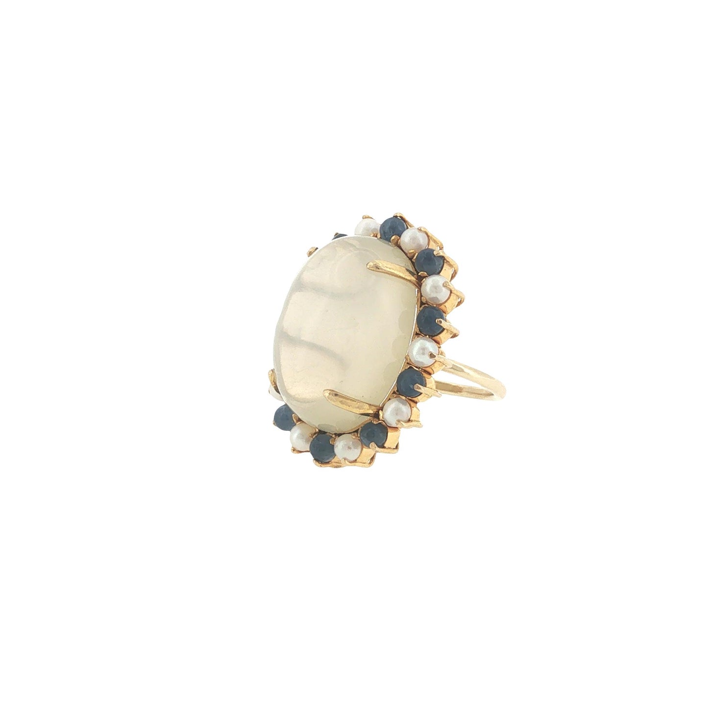 Vintage 14K Gold 36.91 Carat Cabochon Moonstone, Sapphire & Pearl Cocktail Ring