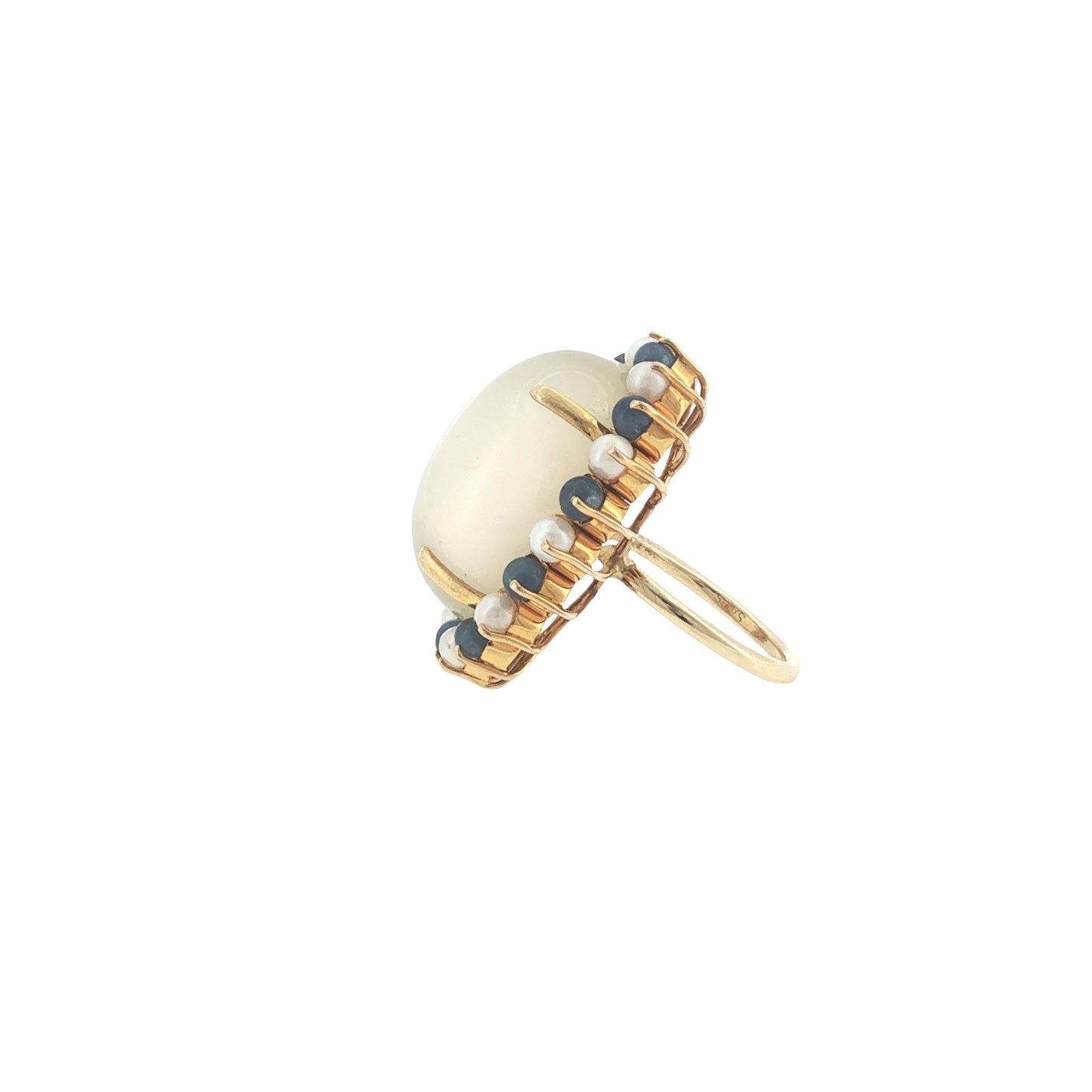 Vintage 14K Gold 36.91 Carat Cabochon Moonstone, Sapphire & Pearl Cocktail Ring