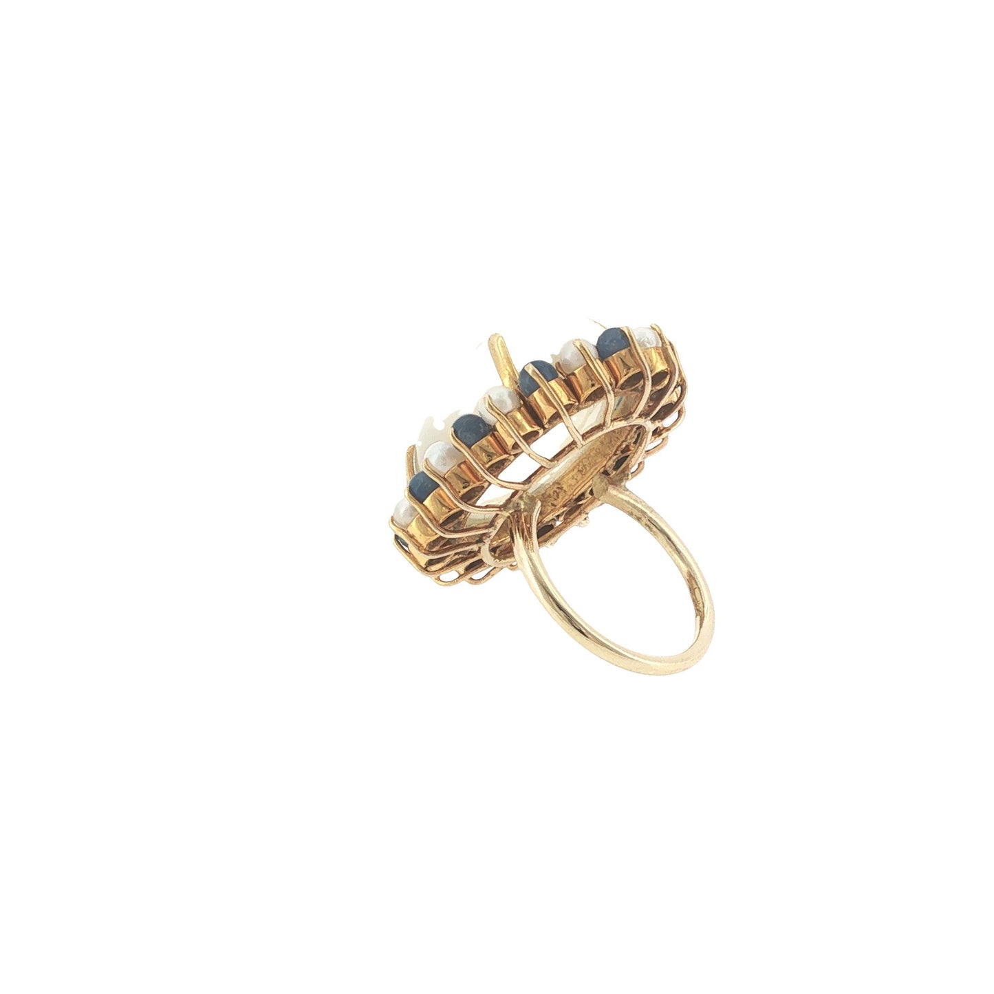 Vintage 14K Gold 36.91 Carat Cabochon Moonstone, Sapphire & Pearl Cocktail Ring
