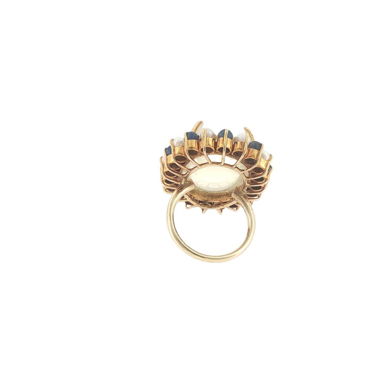 Vintage 14K Gold 36.91 Carat Cabochon Moonstone, Sapphire & Pearl Cocktail Ring