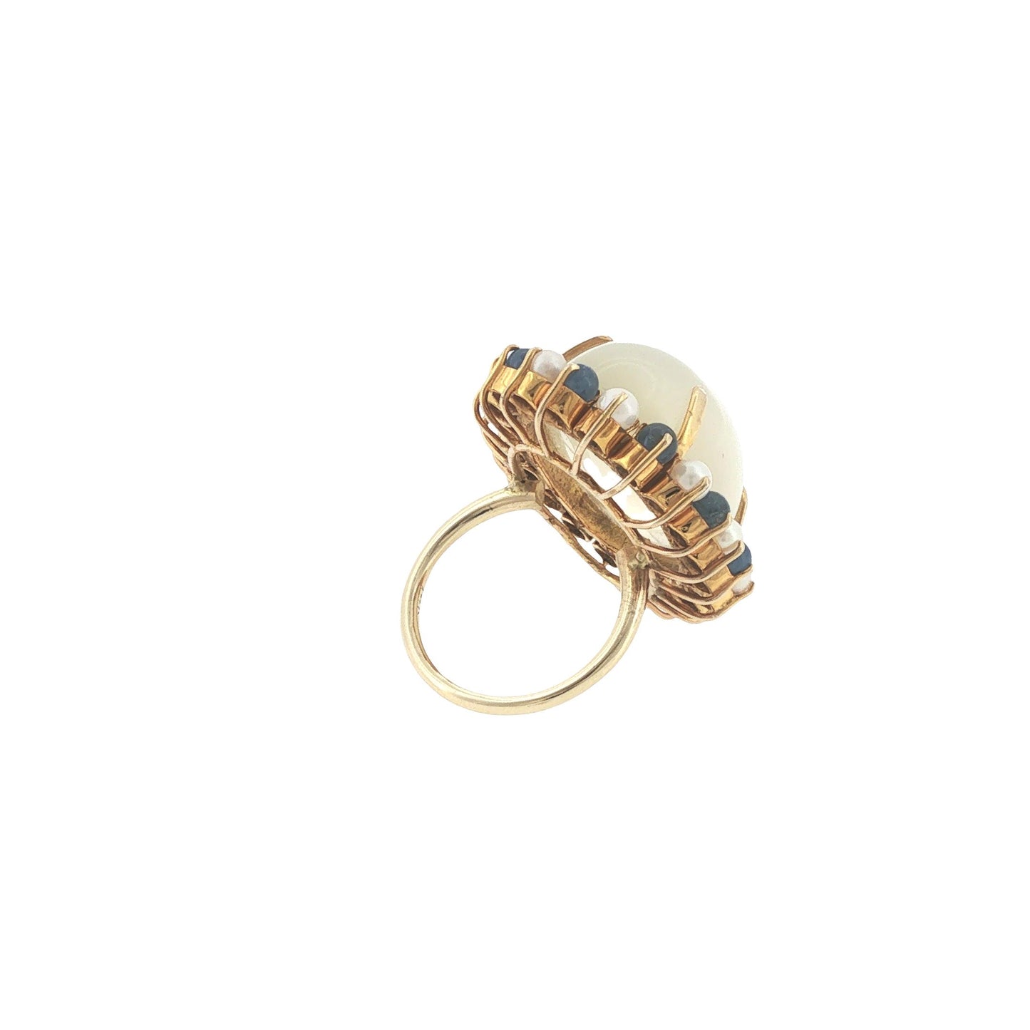 Vintage 14K Gold 36.91 Carat Cabochon Moonstone, Sapphire & Pearl Cocktail Ring