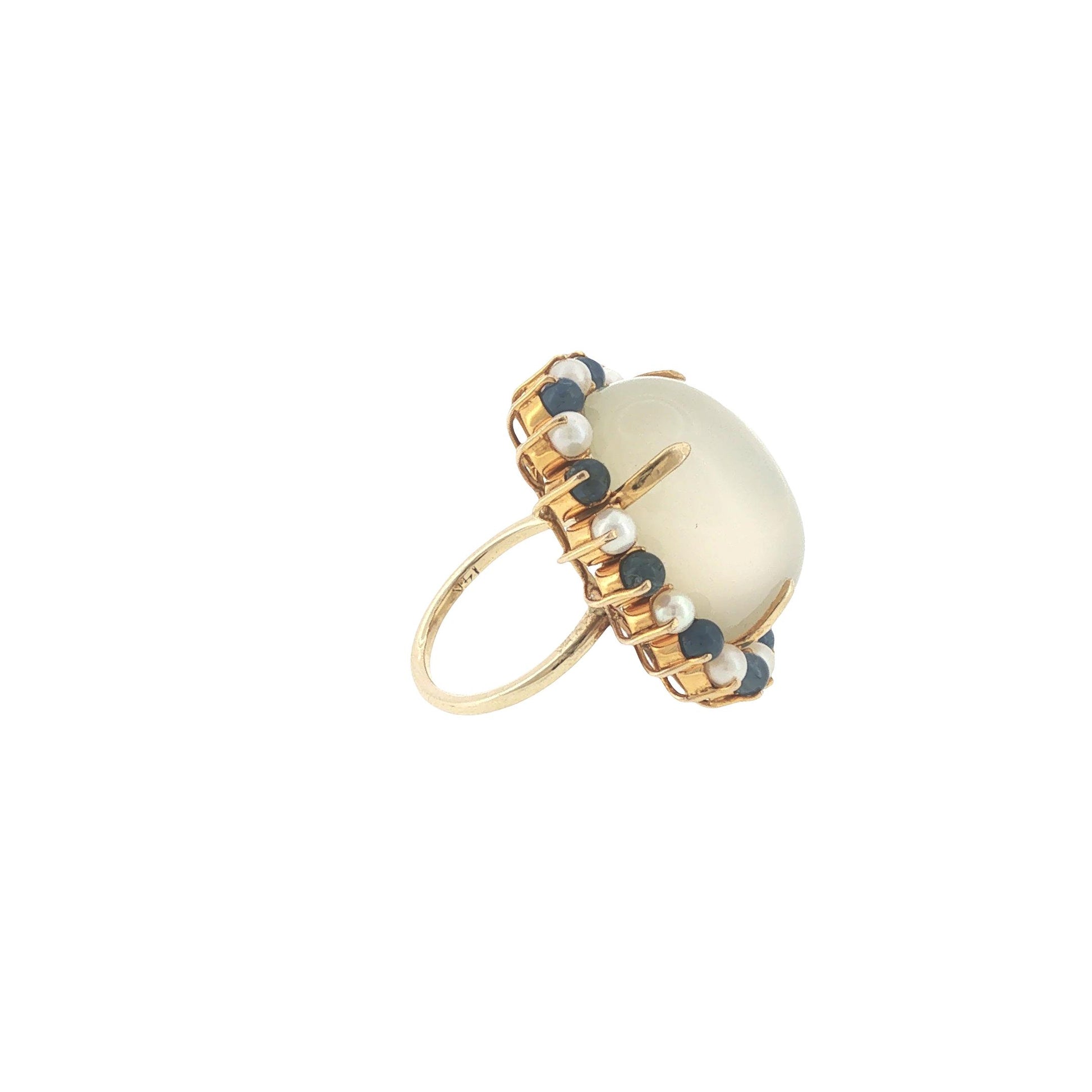 Vintage 14K Gold 36.91 Carat Cabochon Moonstone, Sapphire & Pearl Cocktail Ring