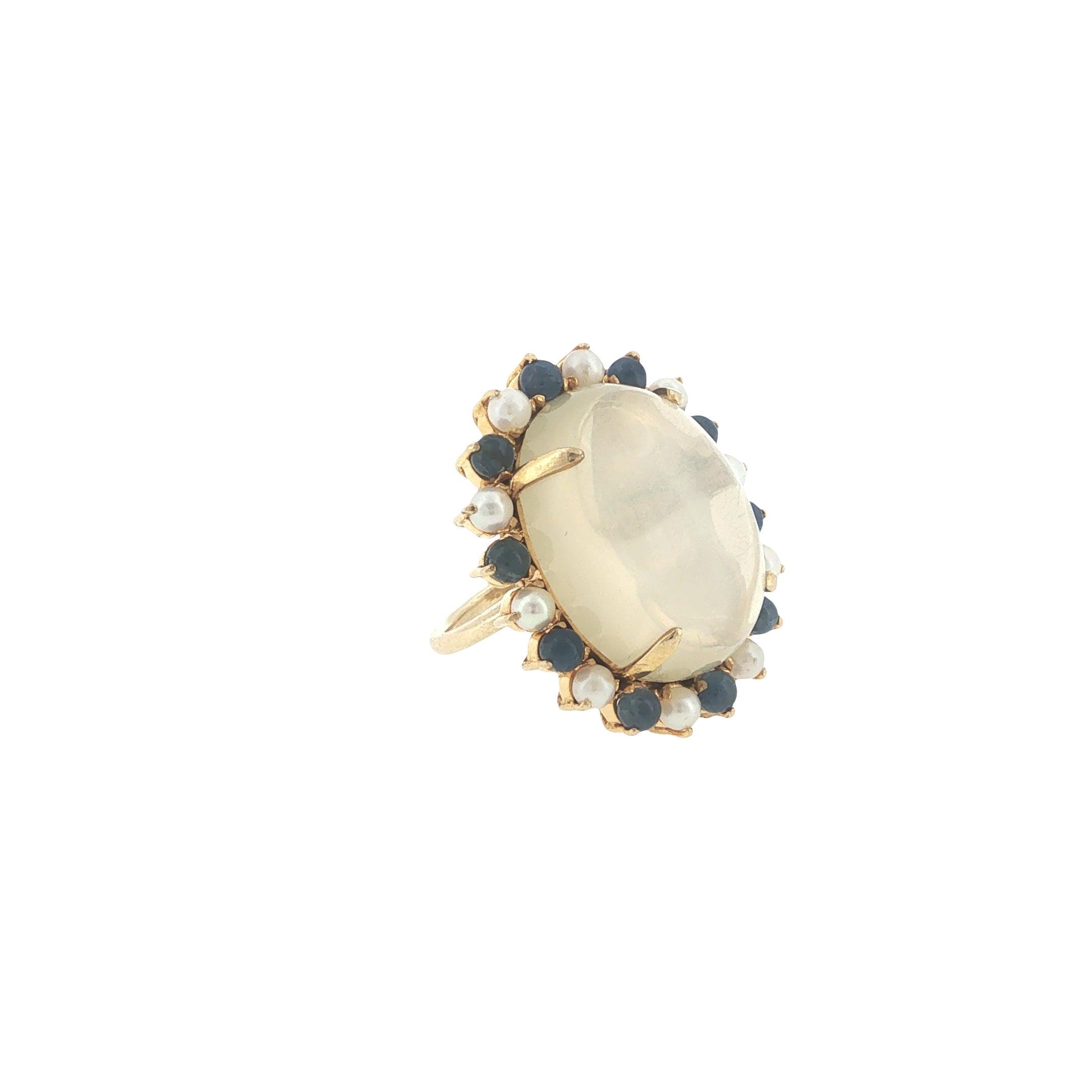 Vintage 14K Gold 36.91 Carat Cabochon Moonstone, Sapphire & Pearl Cocktail Ring