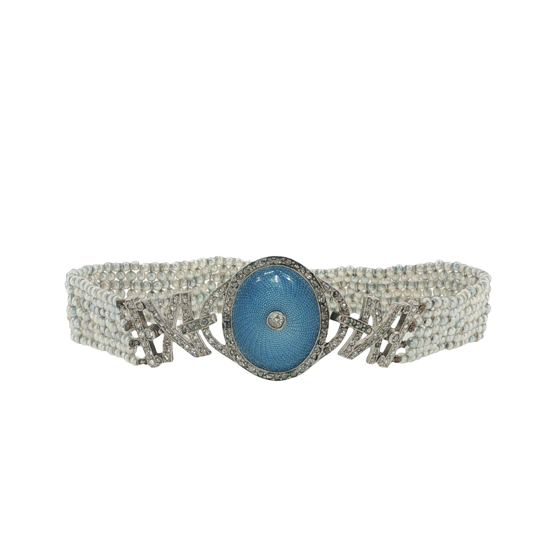 Art Deco Platinum Guilloché Enamel, Diamond & Seed Pearl Bracelet