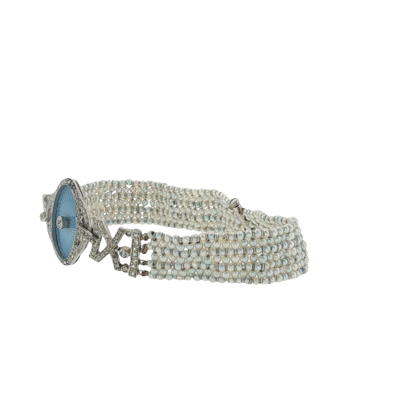 Art Deco Platinum Guilloché Enamel, Diamond & Seed Pearl Bracelet