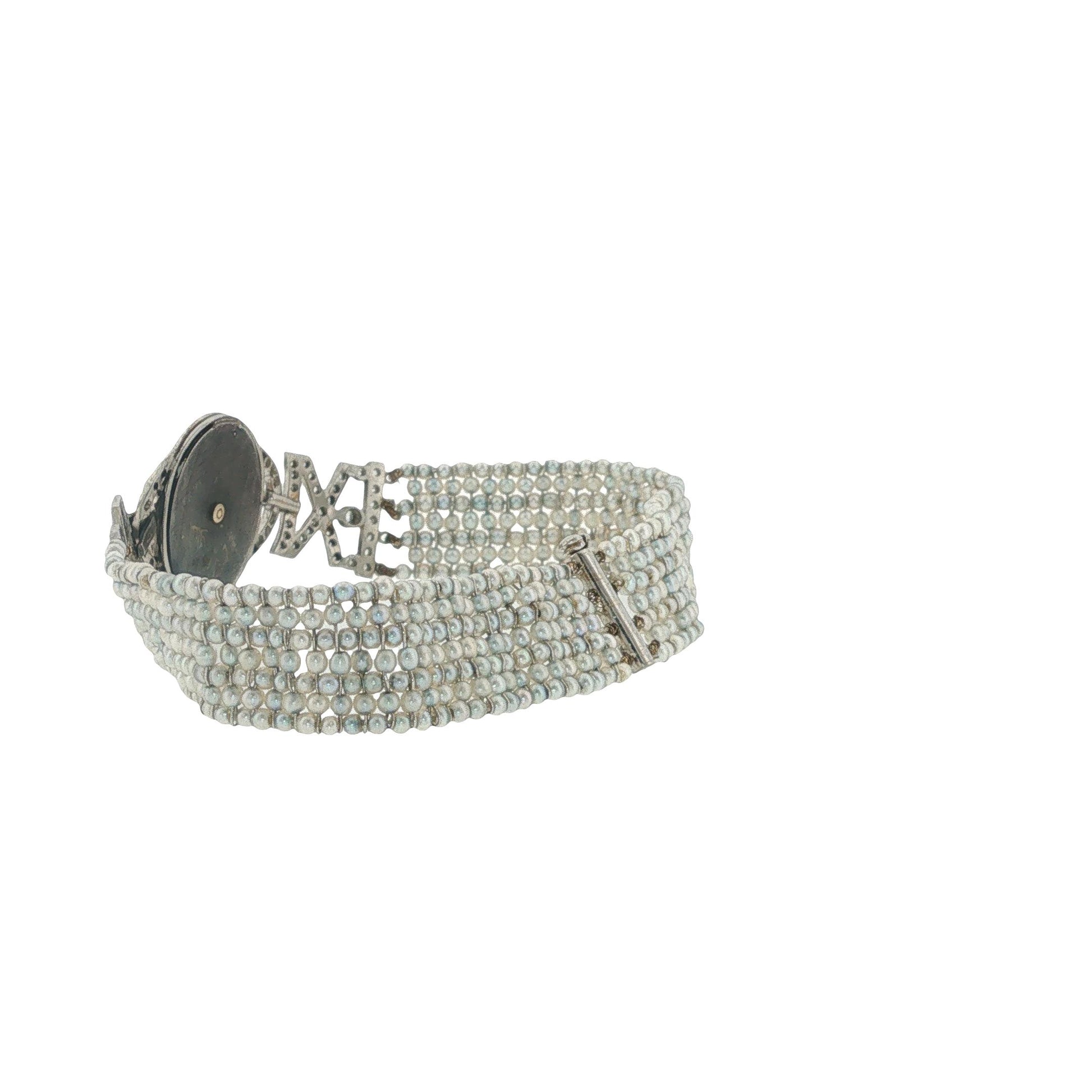 Art Deco Platinum Guilloché Enamel, Diamond & Seed Pearl Bracelet