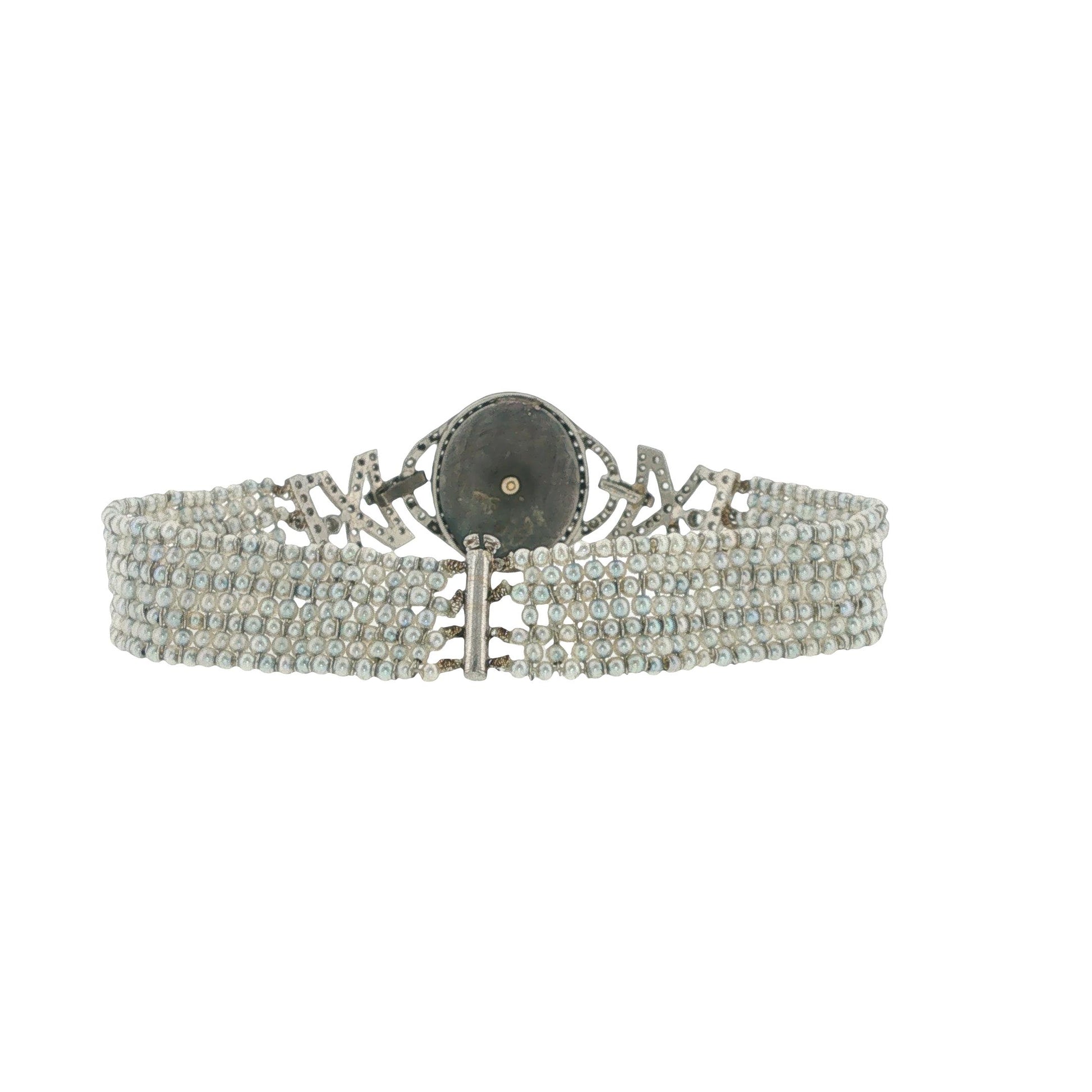 Art Deco Platinum Guilloché Enamel, Diamond & Seed Pearl Bracelet