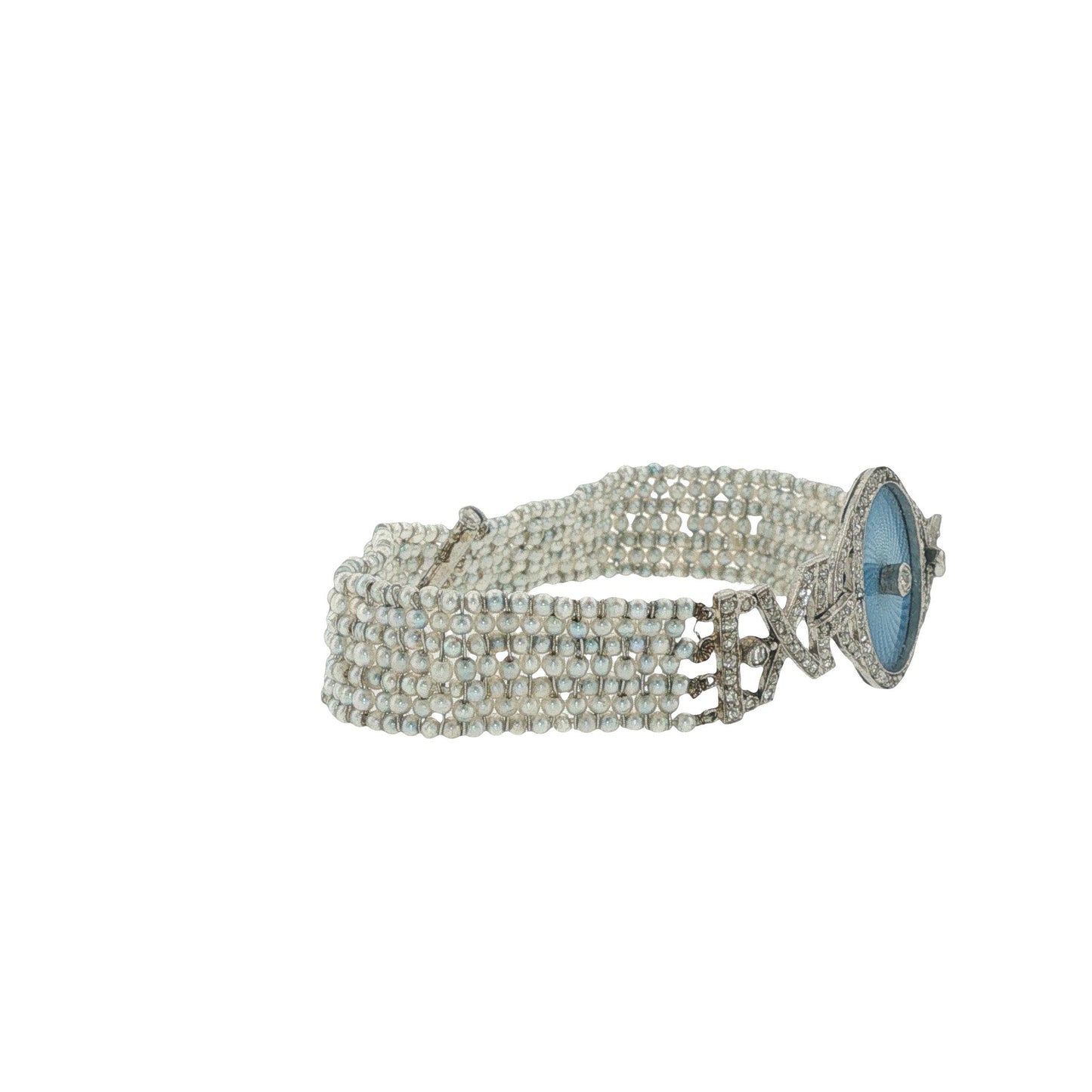 Art Deco Platinum Guilloché Enamel, Diamond & Seed Pearl Bracelet