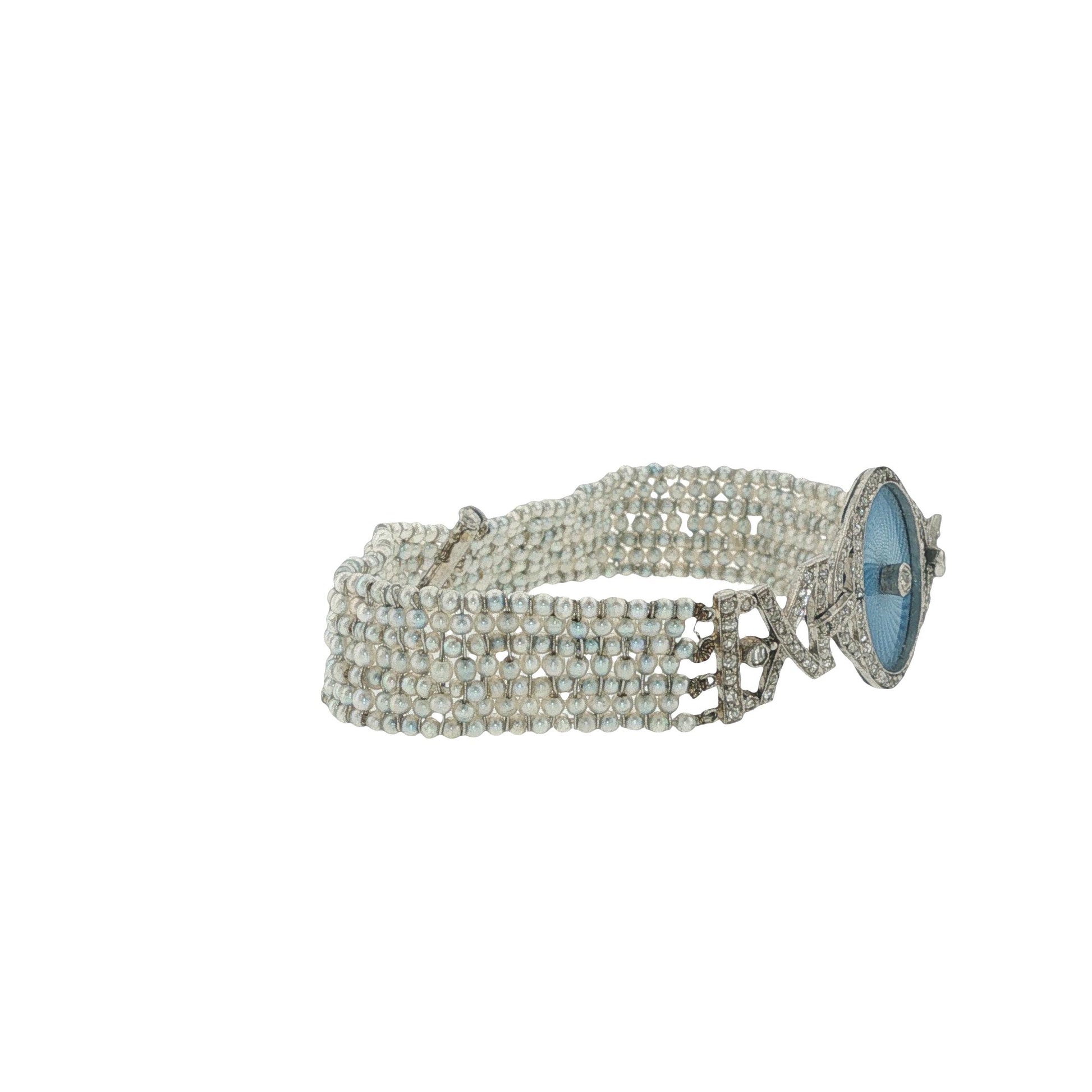 Art Deco Platinum Guilloché Enamel, Diamond & Seed Pearl Bracelet