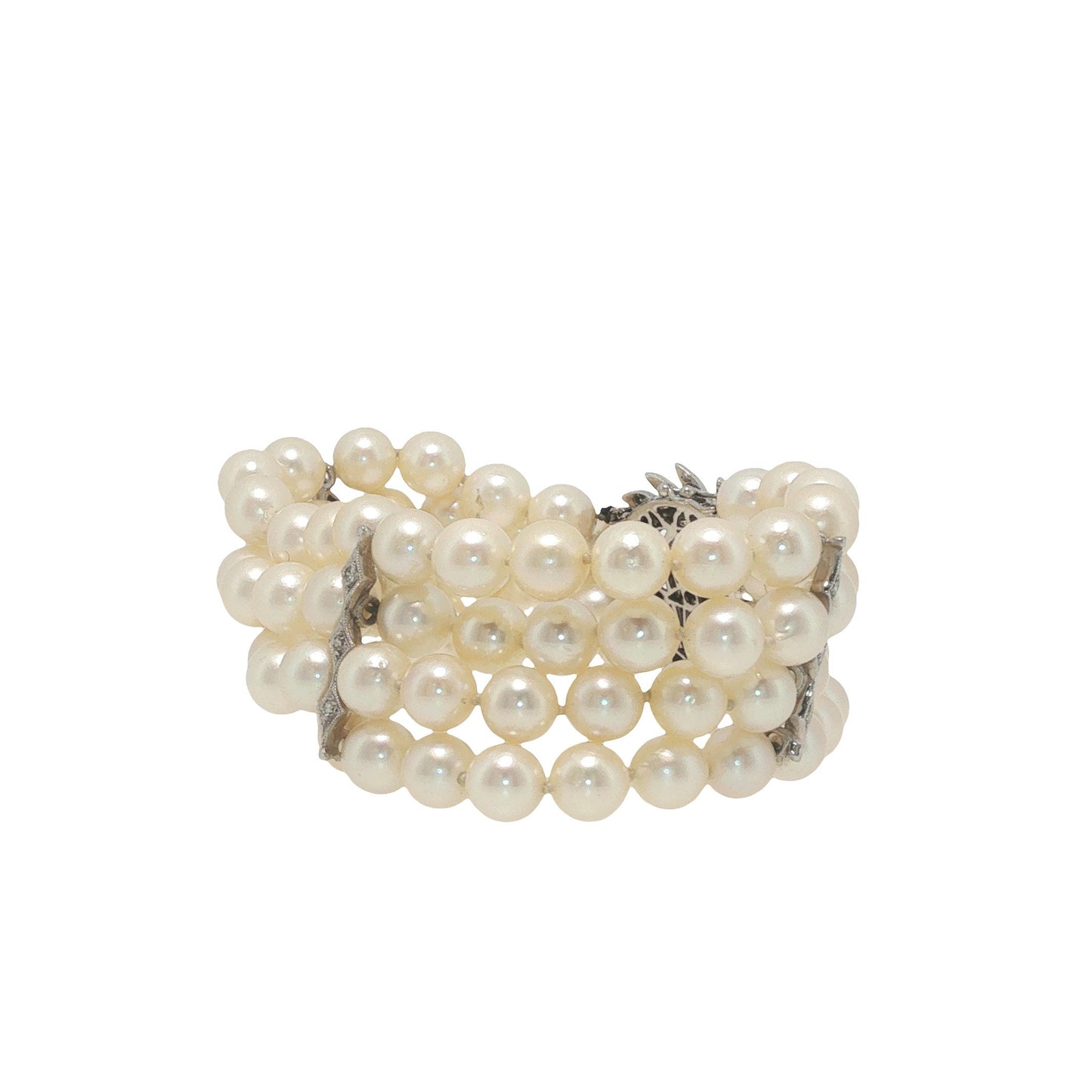 Vintage 14K White Gold Diamond and Multi-Strand Pearl Bracelet