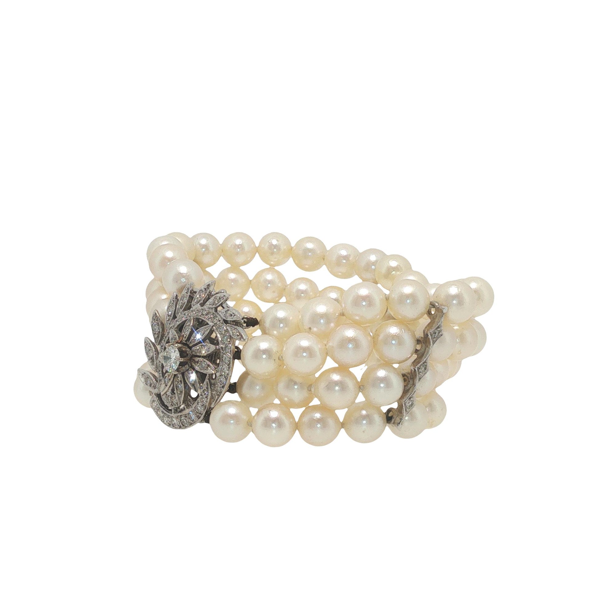 Vintage 14K White Gold Diamond and Multi-Strand Pearl Bracelet