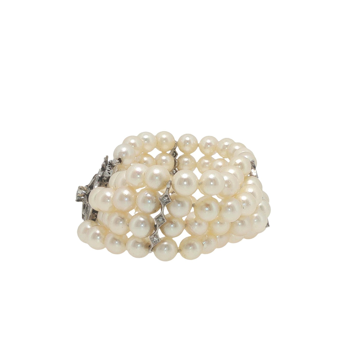 Vintage 14K White Gold Diamond and Multi-Strand Pearl Bracelet