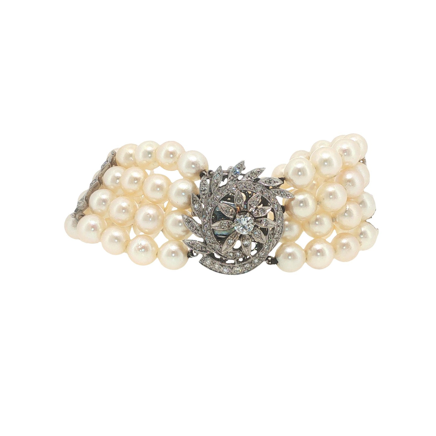 Vintage 14K White Gold Diamond and Multi-Strand Pearl Bracelet