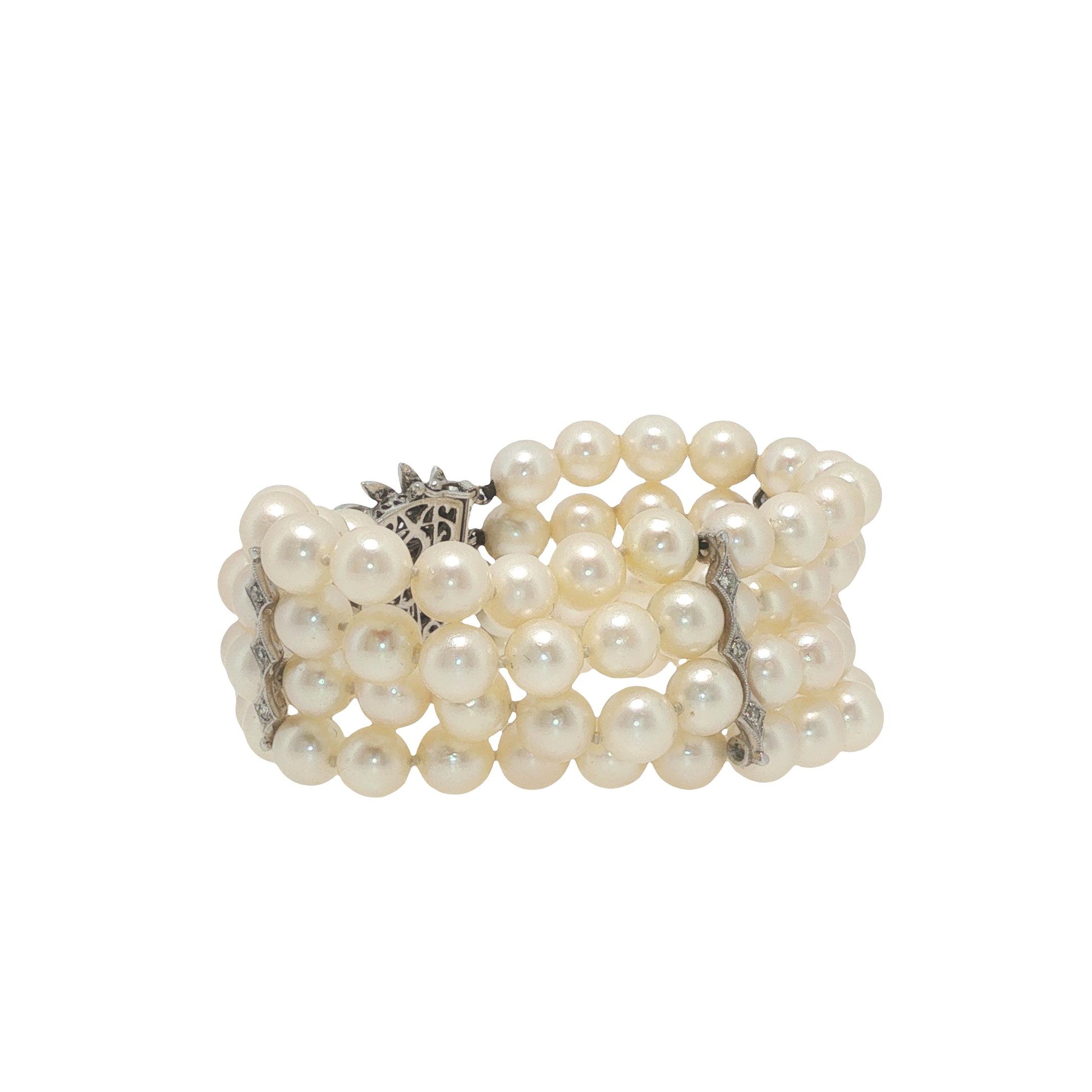 Vintage 14K White Gold Diamond and Multi-Strand Pearl Bracelet