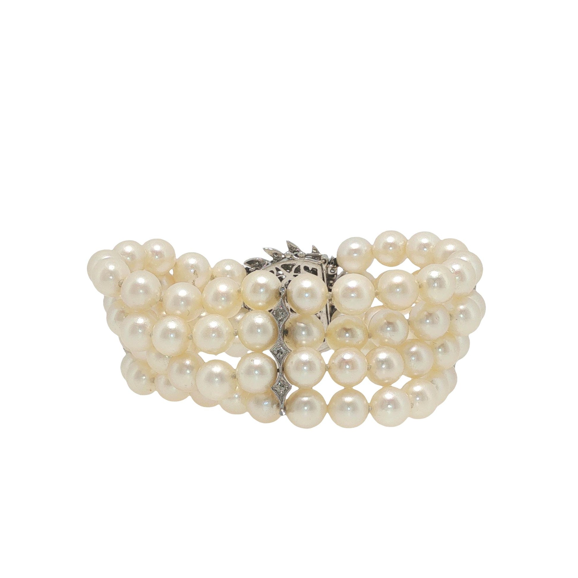 Vintage 14K White Gold Diamond and Multi-Strand Pearl Bracelet
