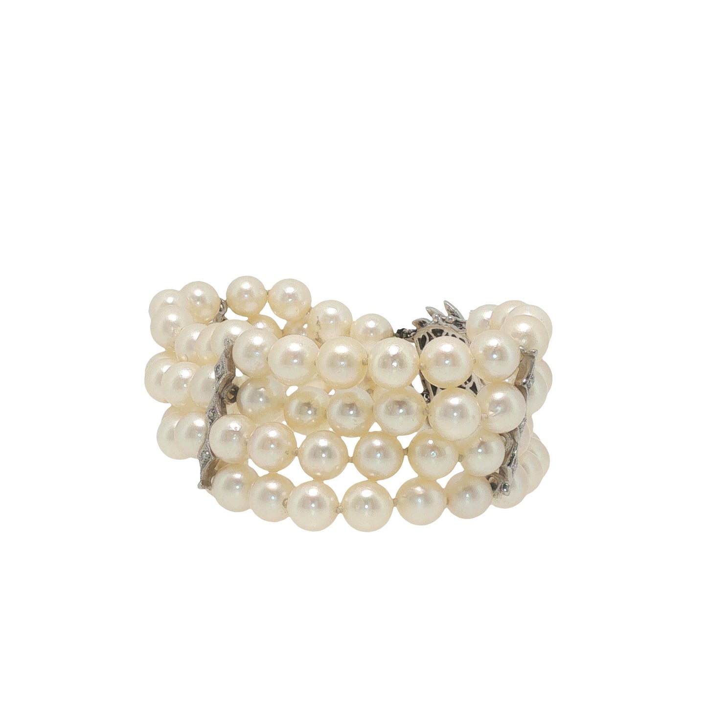 Vintage 14K White Gold Diamond and Multi-Strand Pearl Bracelet