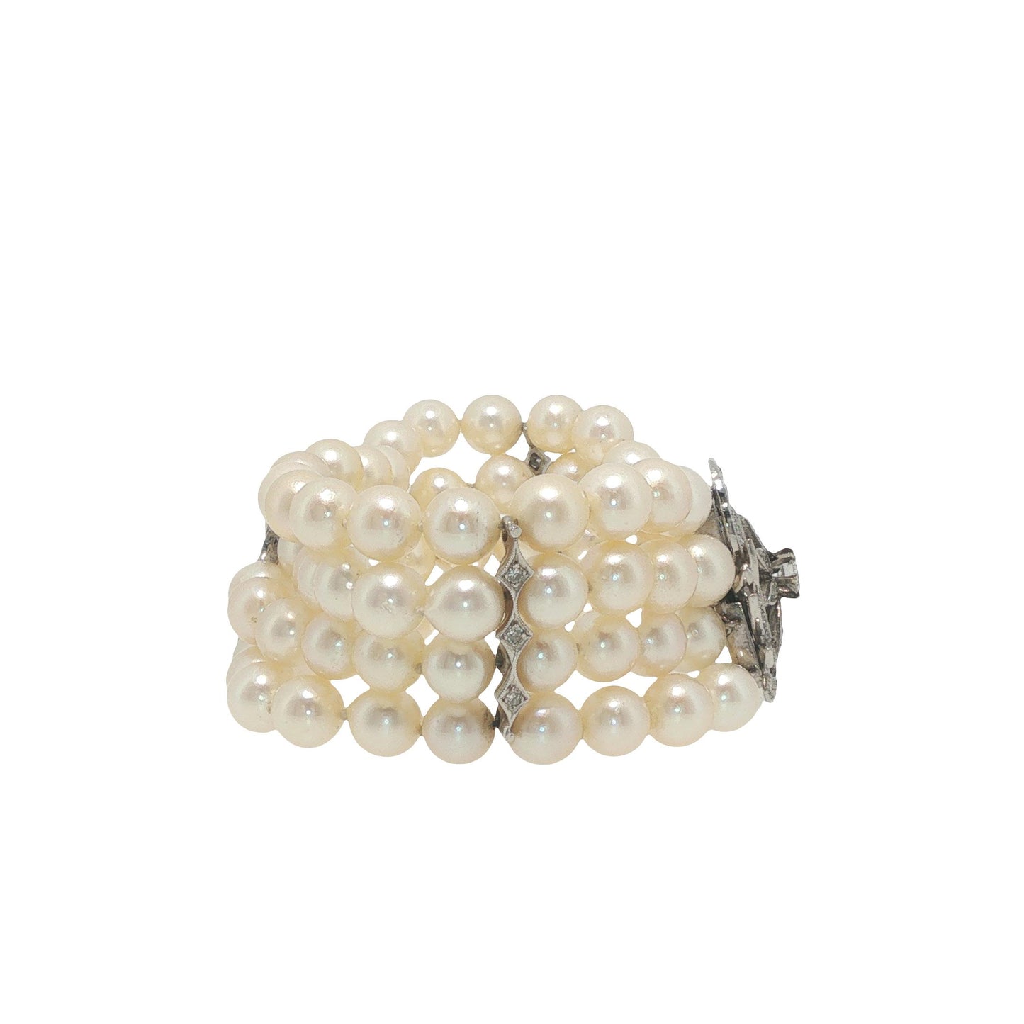 Vintage 14K White Gold Diamond and Multi-Strand Pearl Bracelet