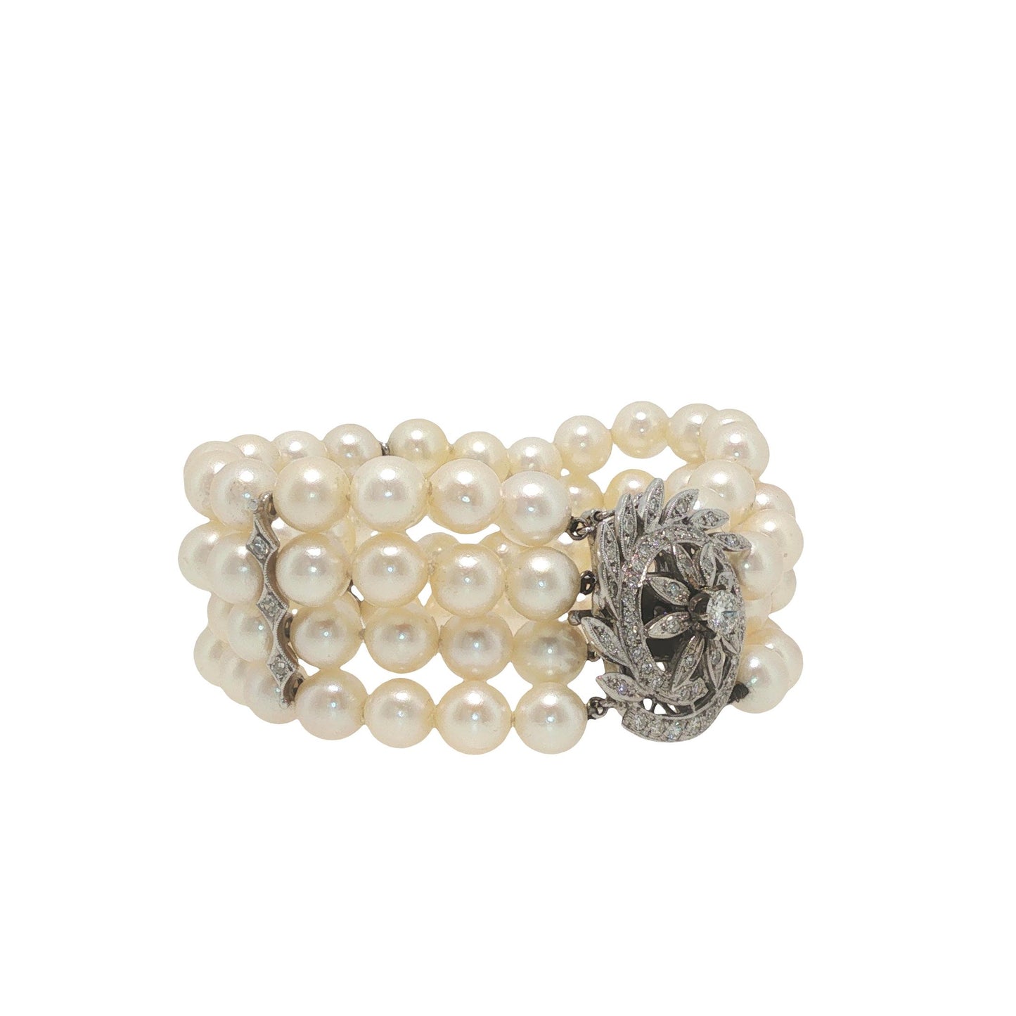 Vintage 14K White Gold Diamond and Multi-Strand Pearl Bracelet