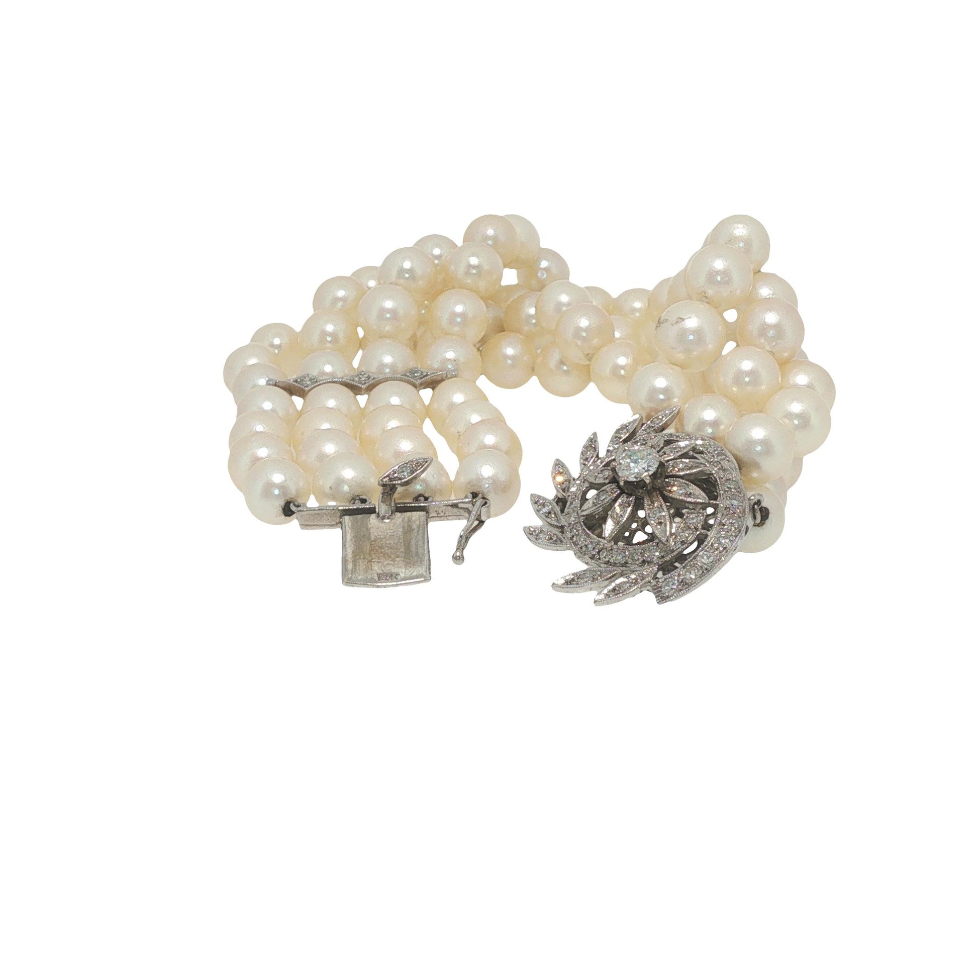 Vintage 14K White Gold Diamond and Multi-Strand Pearl Bracelet