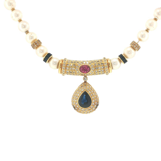 Faberge Soler Cabot 18K Gold Pearl, Sapphire, Ruby & Diamond Pendant Necklace
