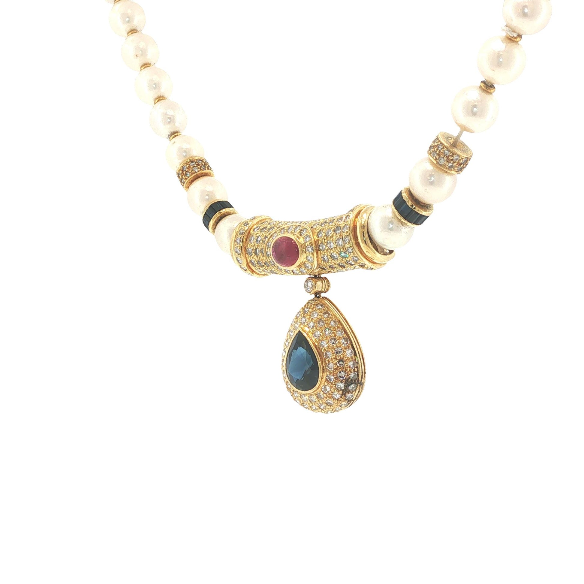 Faberge Soler Cabot 18K Gold Pearl, Sapphire, Ruby & Diamond Pendant Necklace