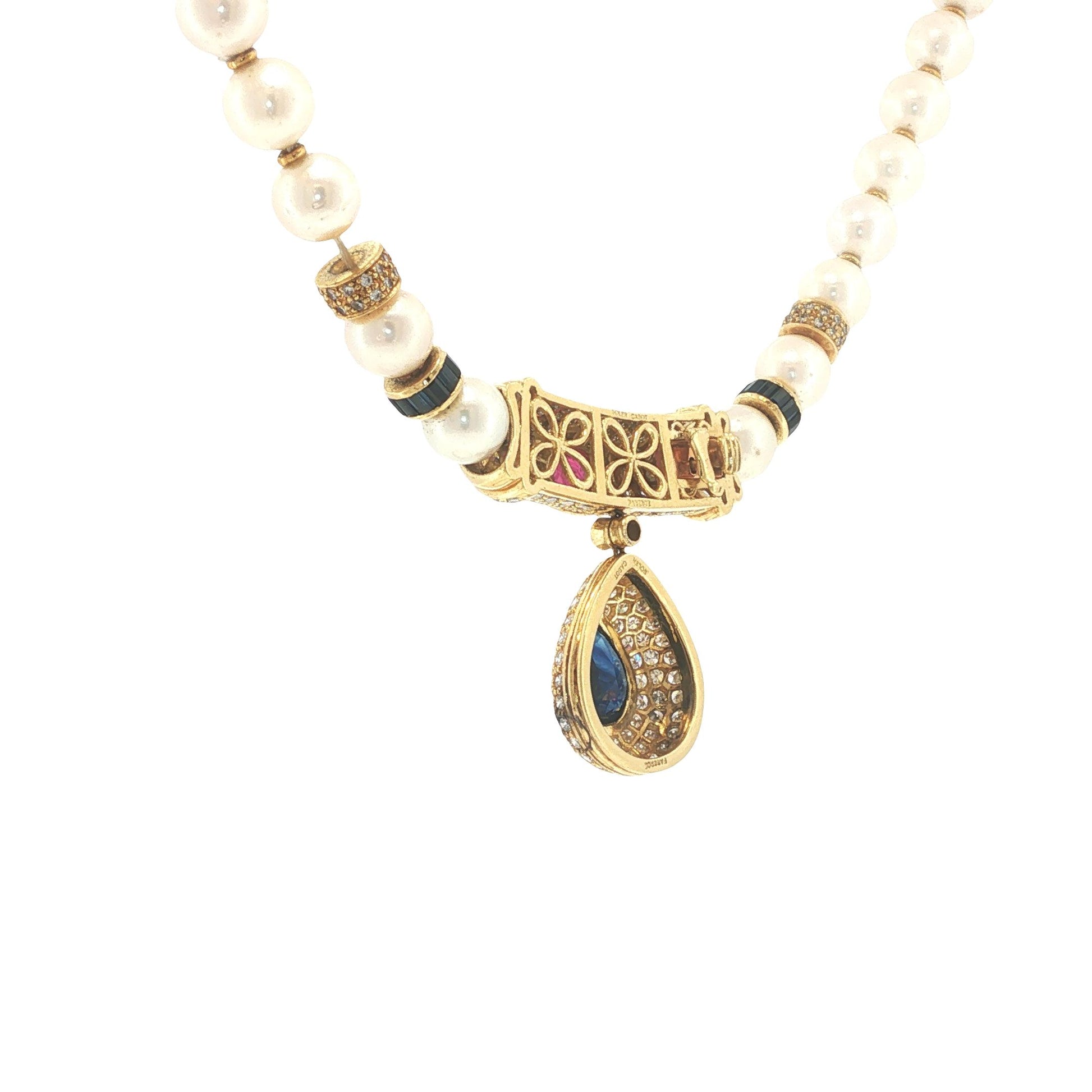 Faberge Soler Cabot 18K Gold Pearl, Sapphire, Ruby & Diamond Pendant Necklace