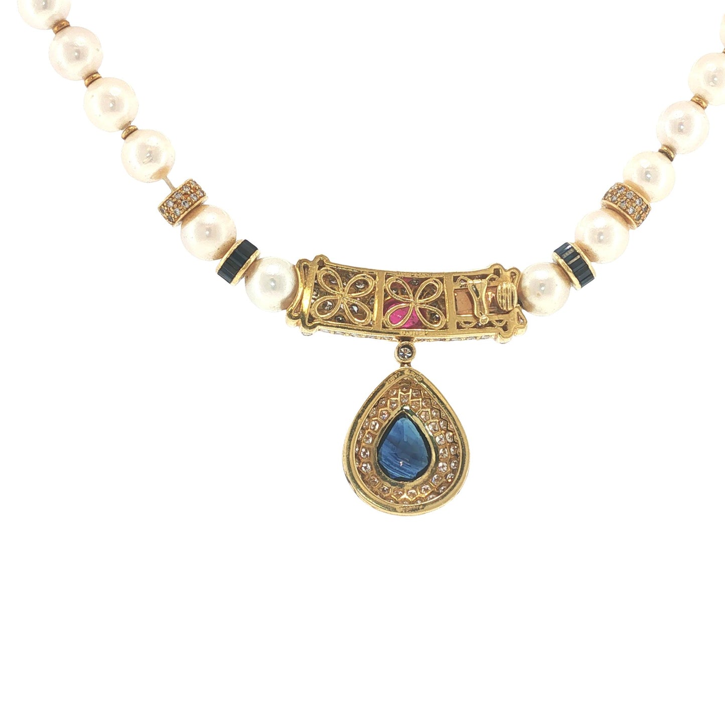 Faberge Soler Cabot 18K Gold Pearl, Sapphire, Ruby & Diamond Pendant Necklace