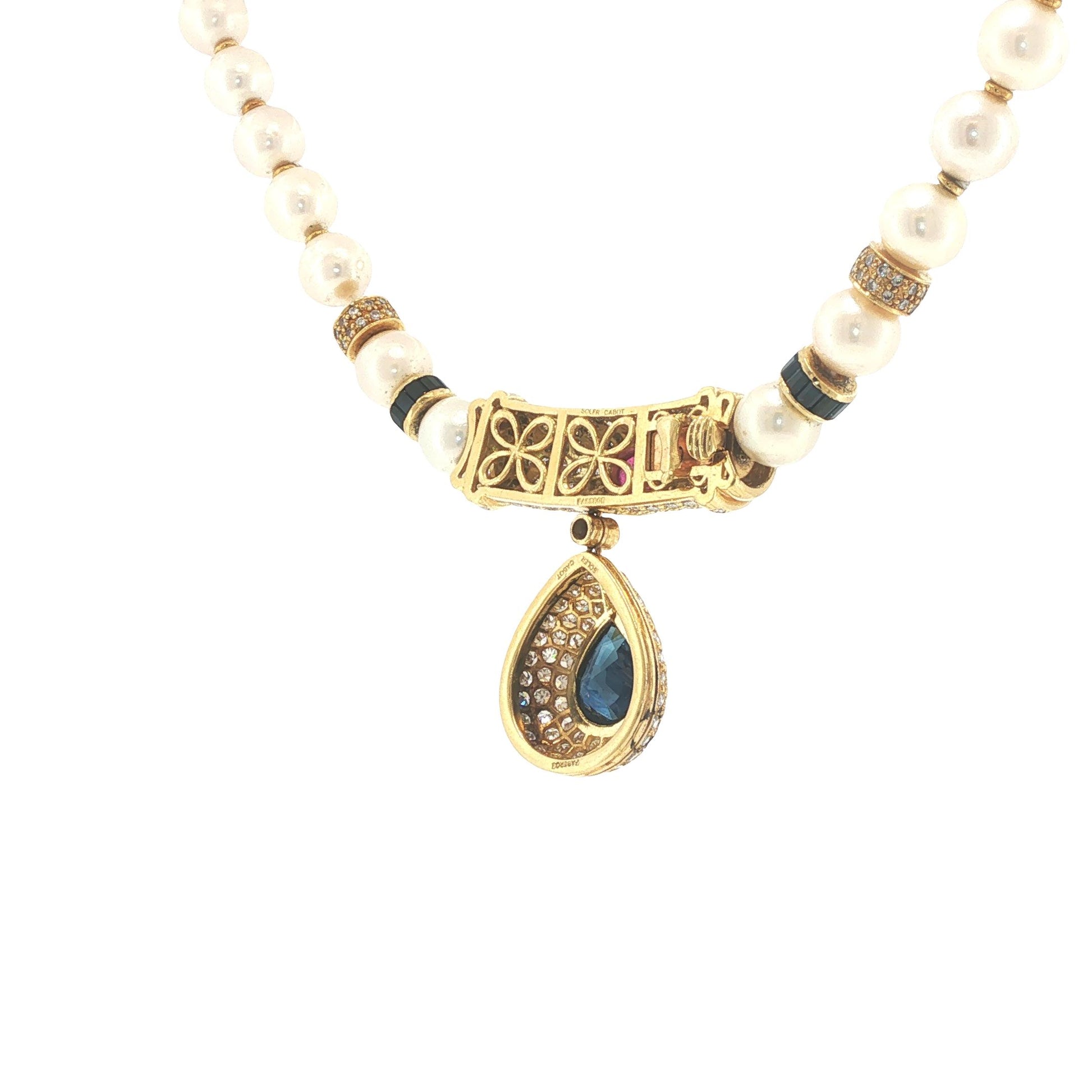 Faberge Soler Cabot 18K Gold Pearl, Sapphire, Ruby & Diamond Pendant Necklace