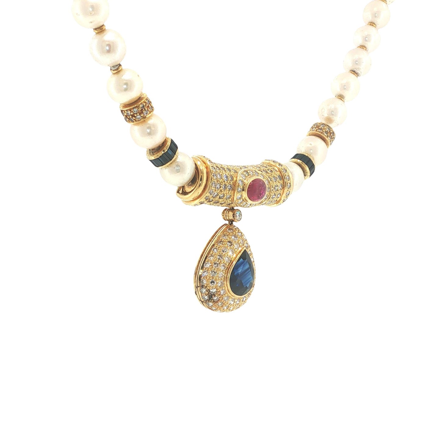 Faberge Soler Cabot 18K Gold Pearl, Sapphire, Ruby & Diamond Pendant Necklace
