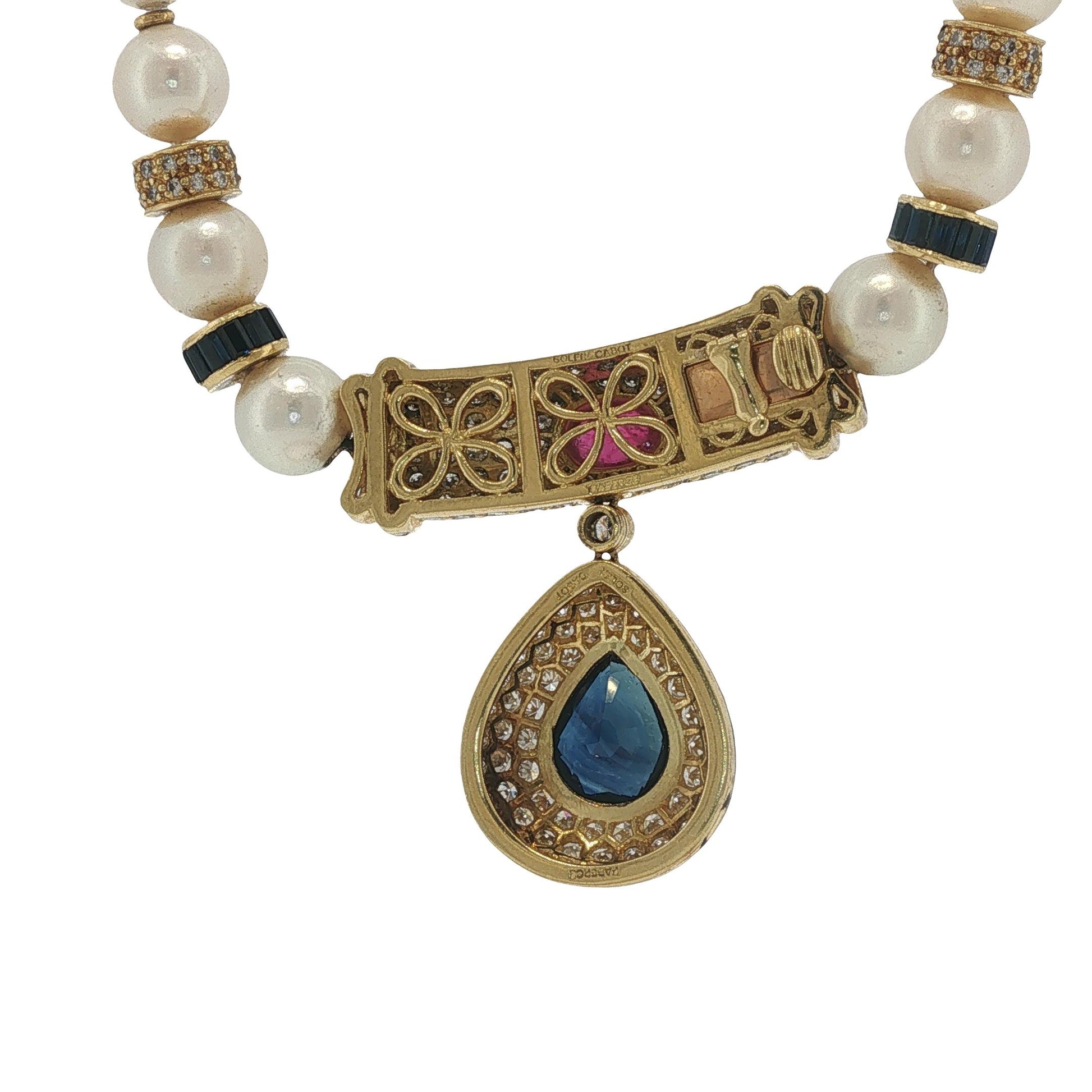 Faberge Soler Cabot 18K Gold Pearl, Sapphire, Ruby & Diamond Pendant Necklace
