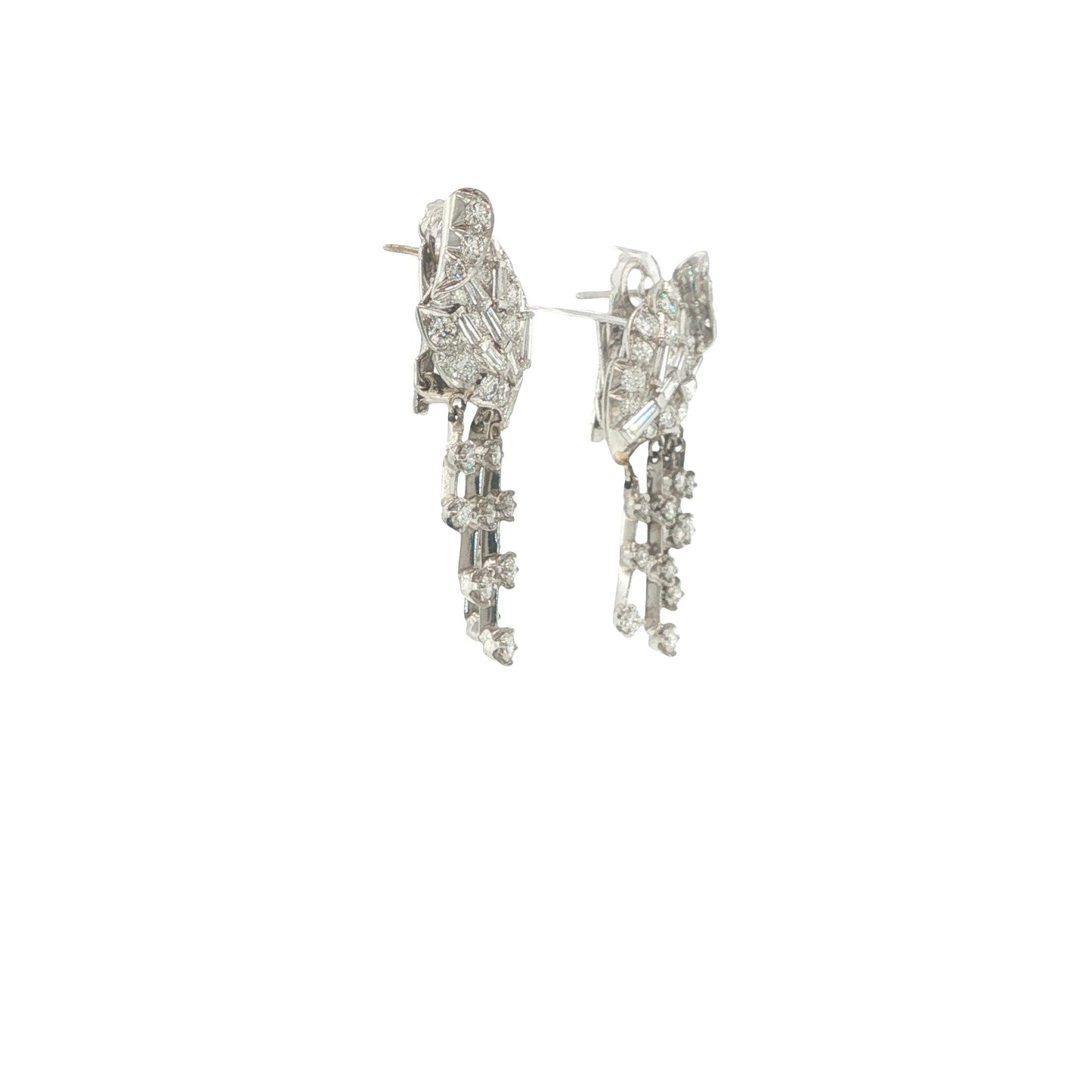 14K White Gold Round and Baguette-Cut Diamond Articulated Drop Earrings