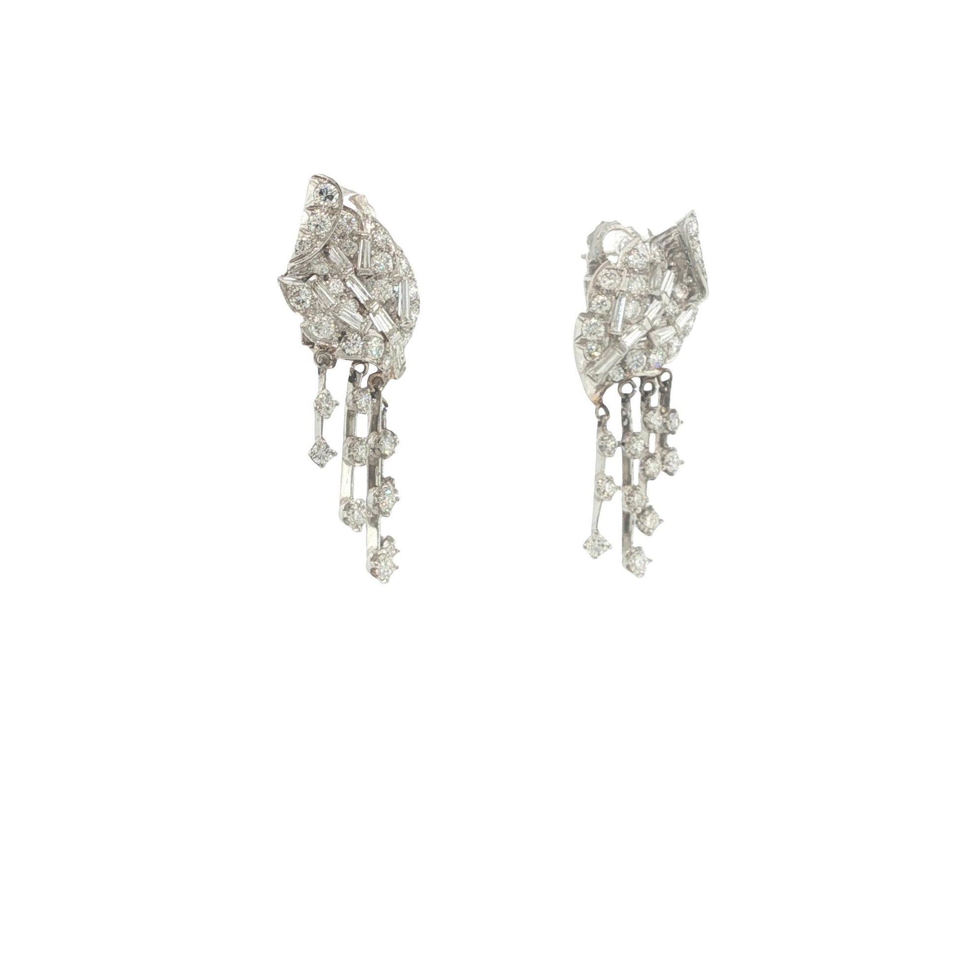14K White Gold Round and Baguette-Cut Diamond Articulated Drop Earrings
