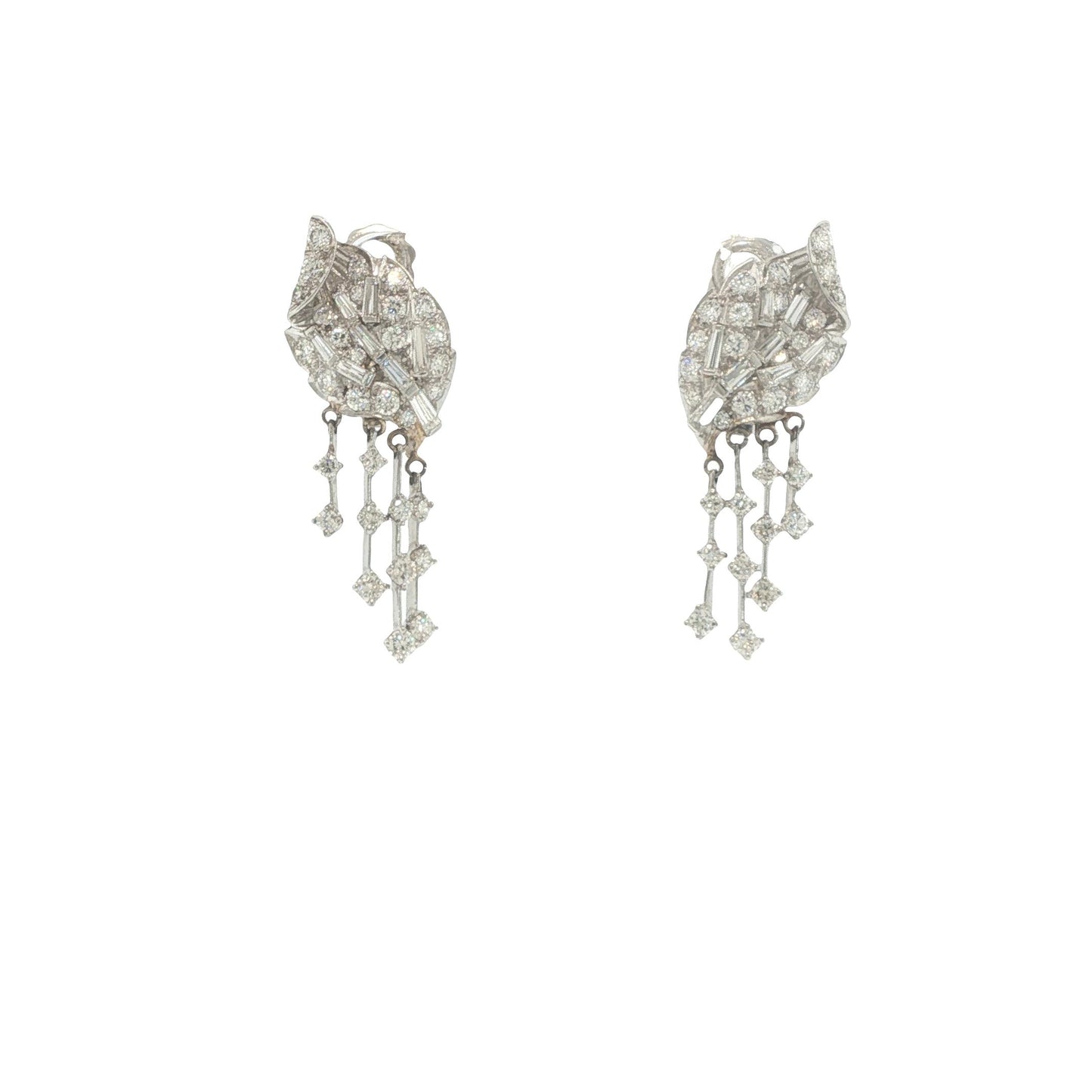 14K White Gold Round and Baguette-Cut Diamond Articulated Drop Earrings