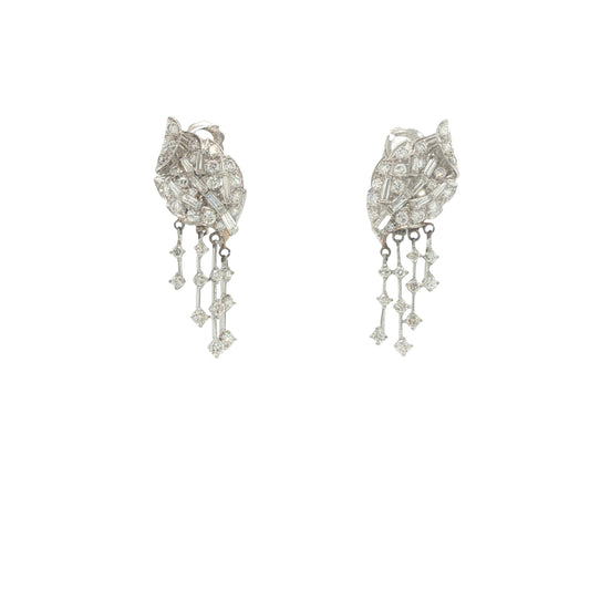 14K White Gold Round and Baguette-Cut Diamond Articulated Drop Earrings