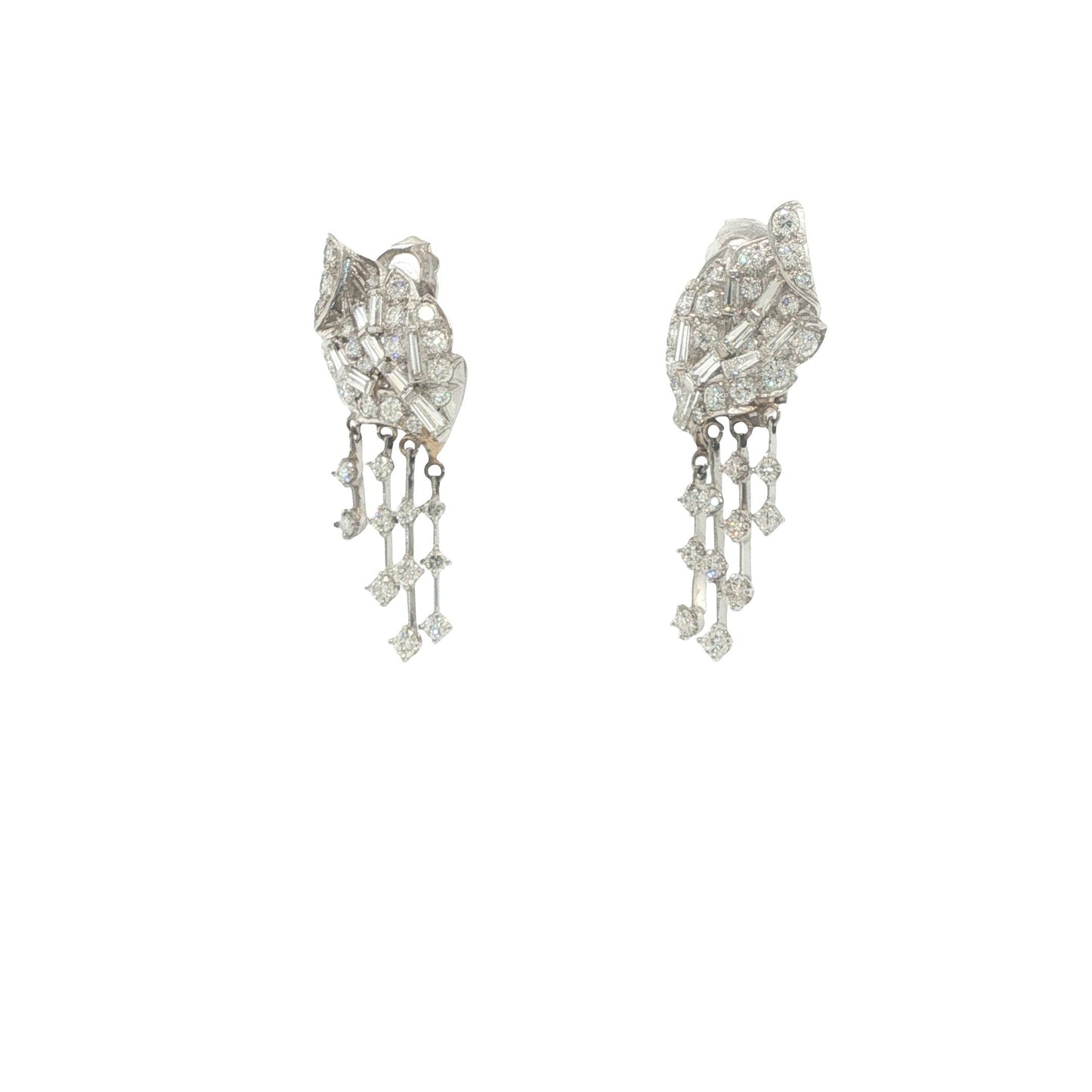 14K White Gold Round and Baguette-Cut Diamond Articulated Drop Earrings