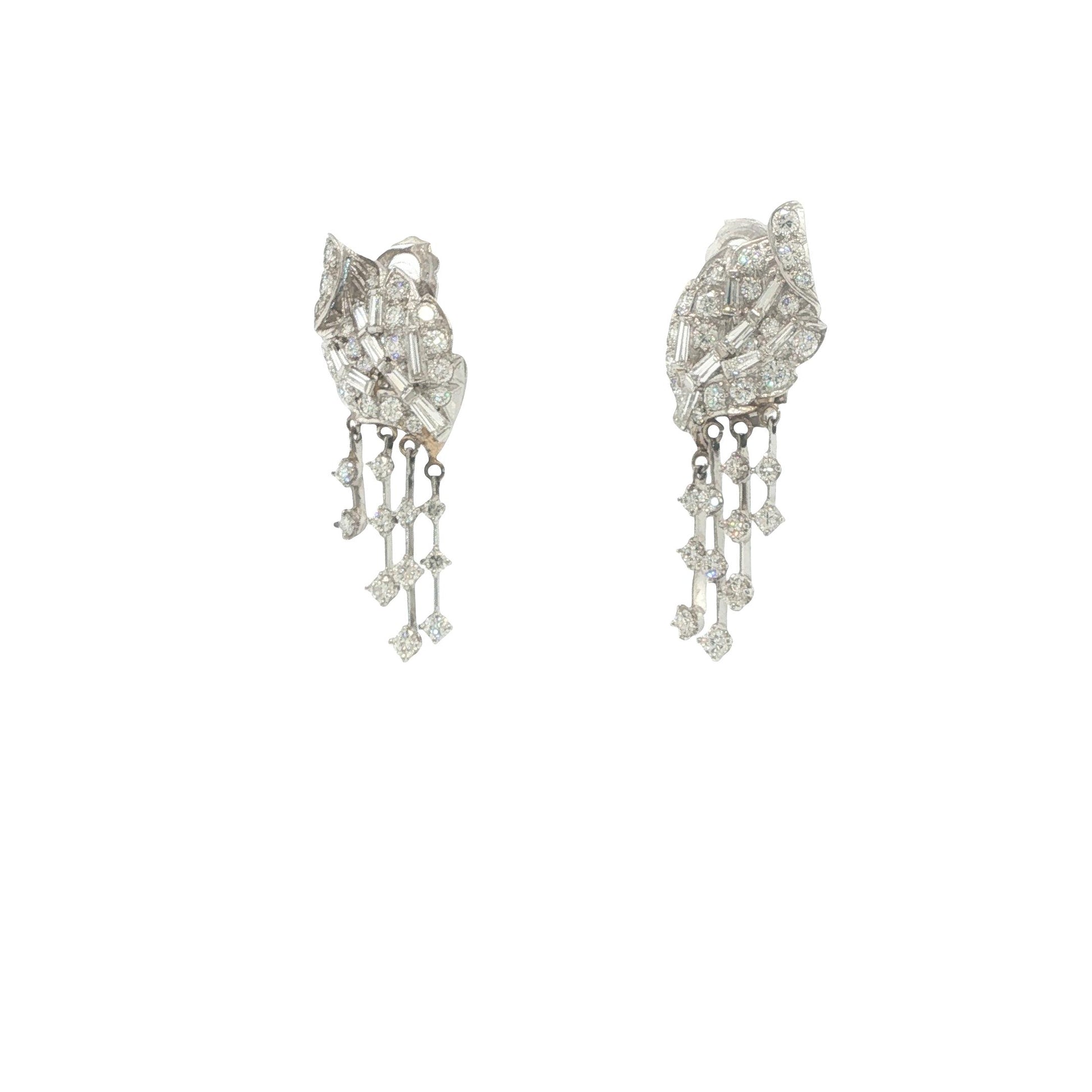 14K White Gold Round and Baguette-Cut Diamond Articulated Drop Earrings
