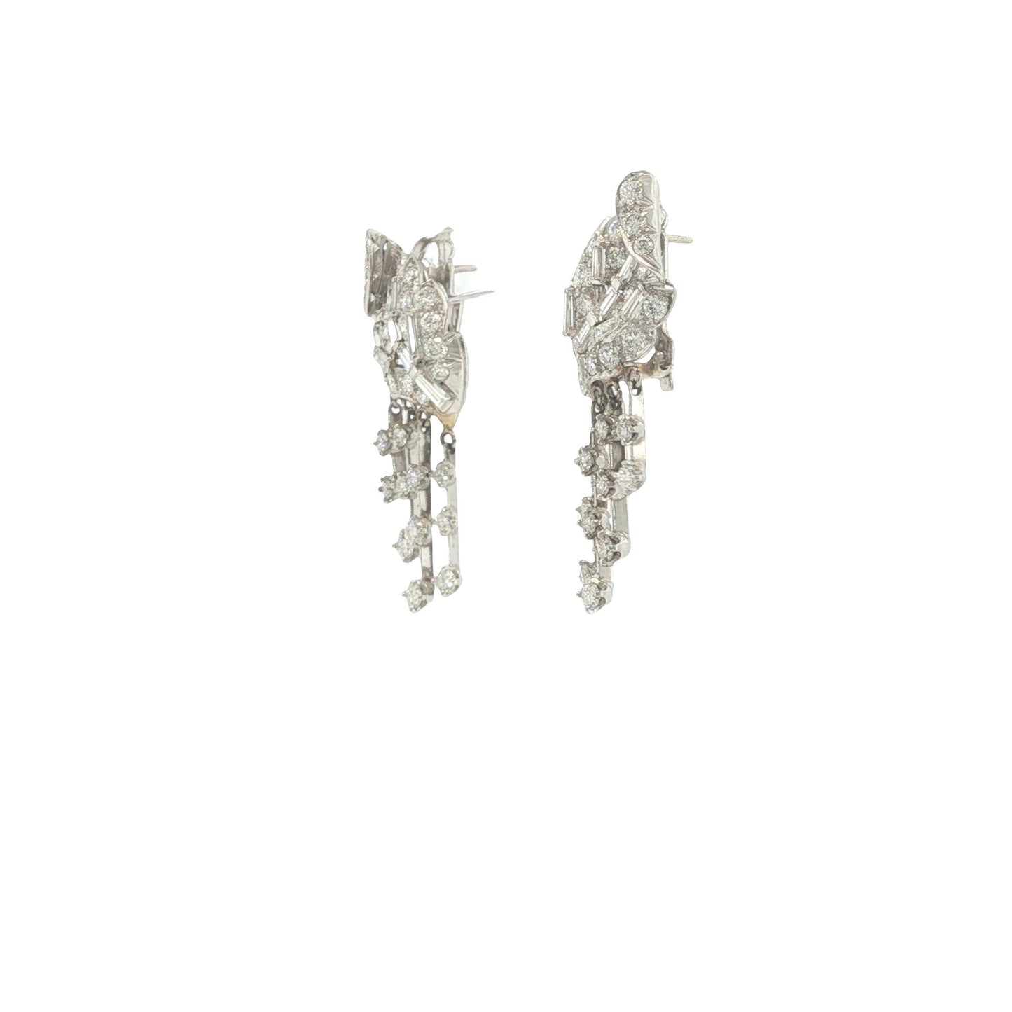 14K White Gold Round and Baguette-Cut Diamond Articulated Drop Earrings