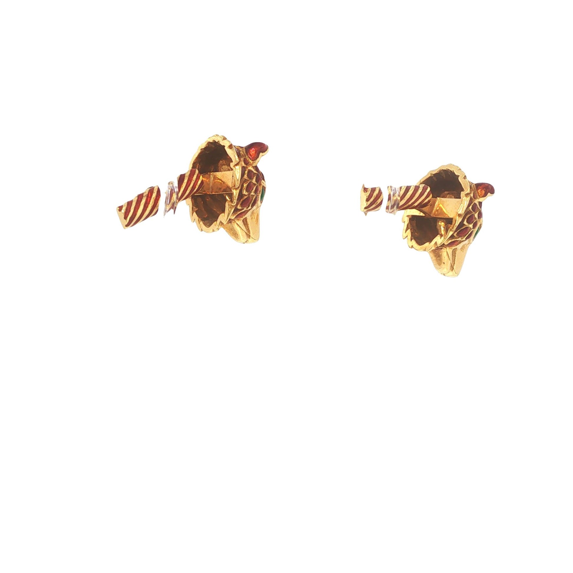 David Webb 18K Gold Red Enamel Wolf Head Cufflinks