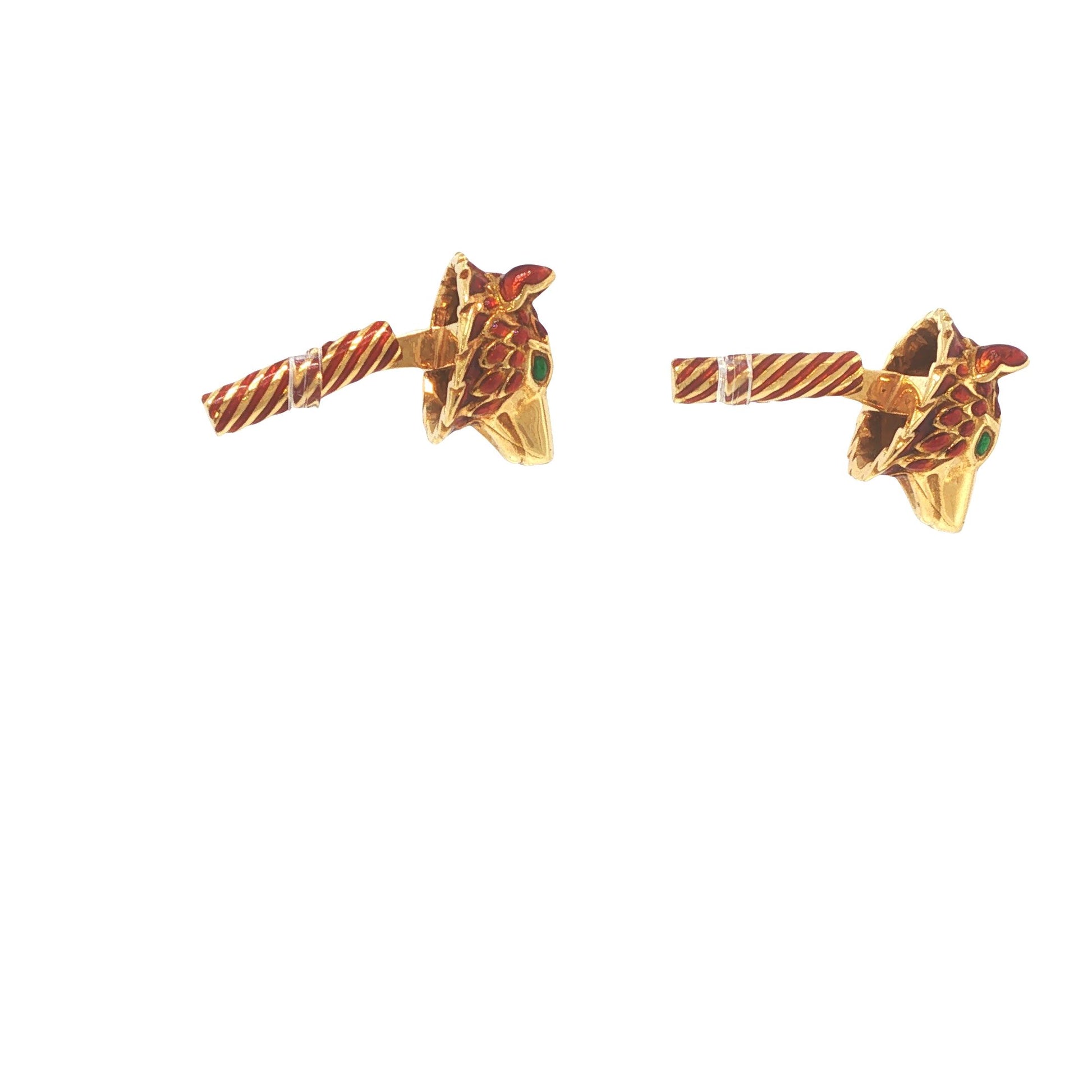 David Webb 18K Gold Red Enamel Wolf Head Cufflinks