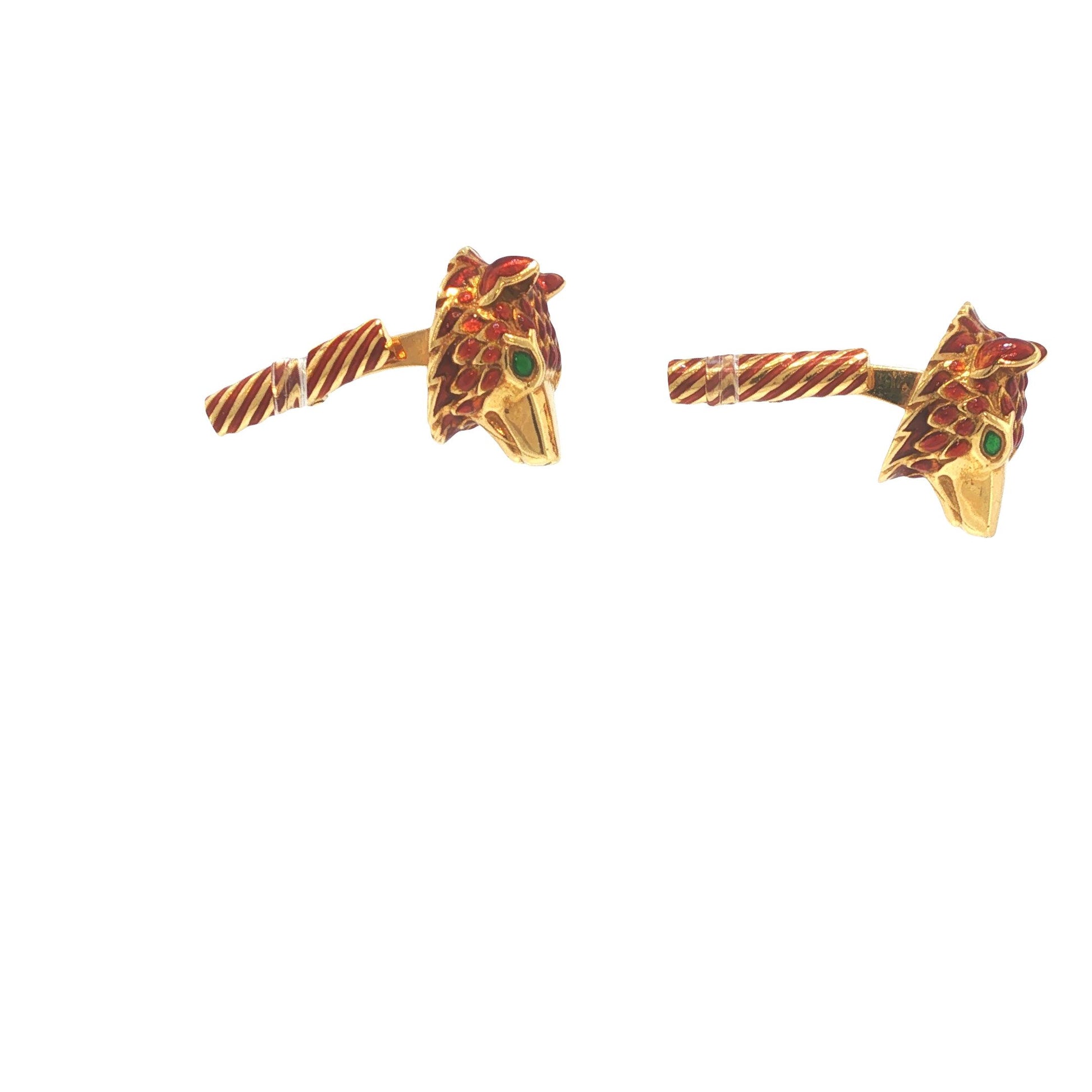 David Webb 18K Gold Red Enamel Wolf Head Cufflinks