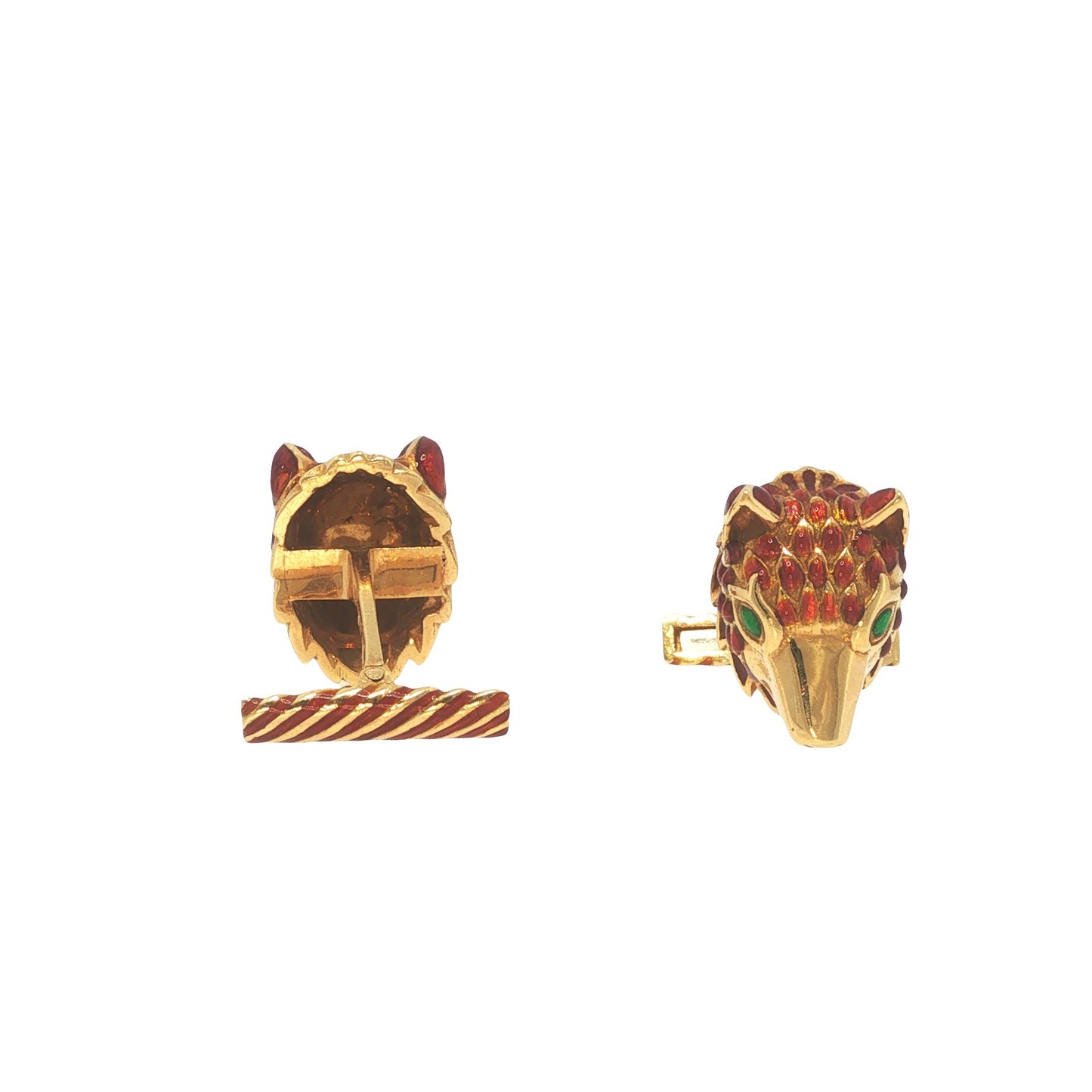 David Webb 18K Gold Red Enamel Wolf Head Cufflinks
