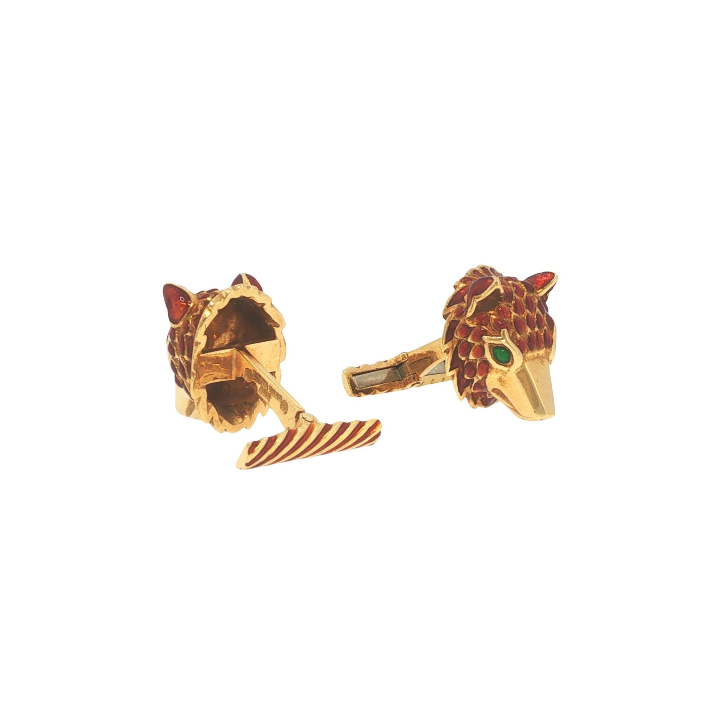 David Webb 18K Gold Red Enamel Wolf Head Cufflinks