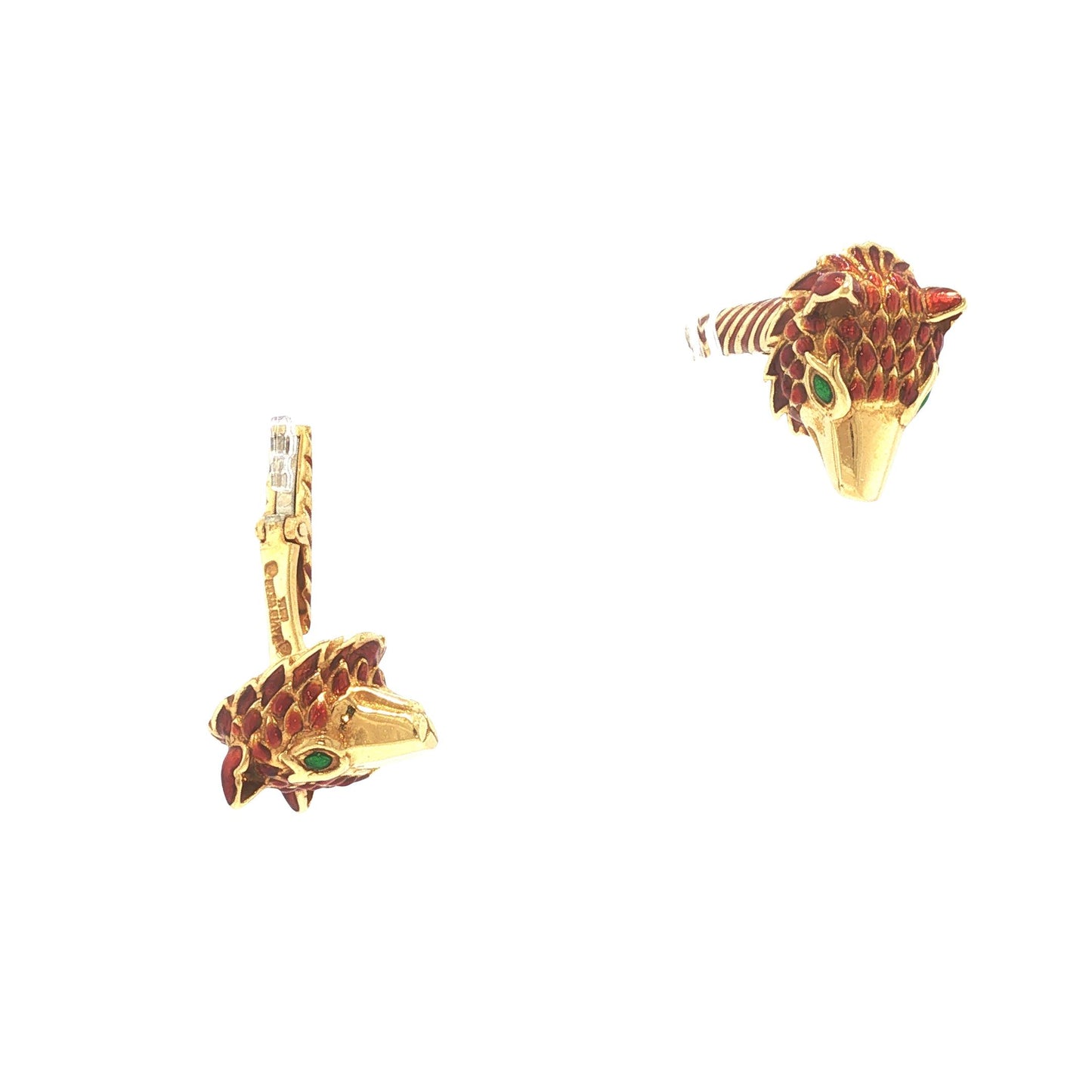 David Webb 18K Gold Red Enamel Wolf Head Cufflinks