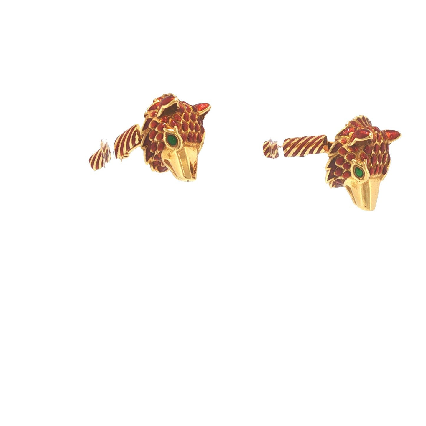 David Webb 18K Gold Red Enamel Wolf Head Cufflinks