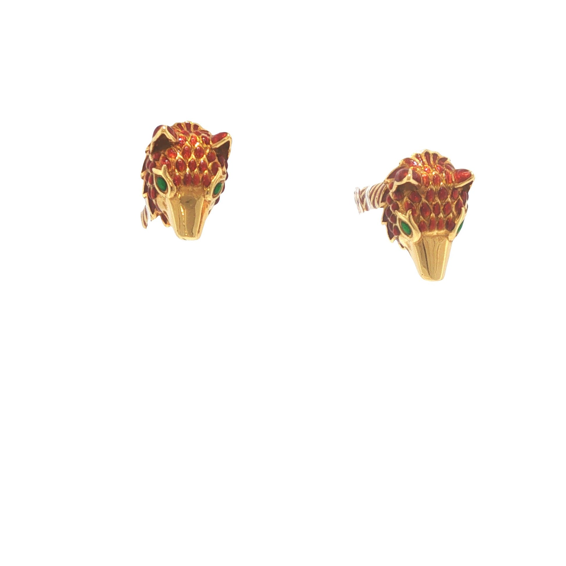 David Webb 18K Gold Red Enamel Wolf Head Cufflinks