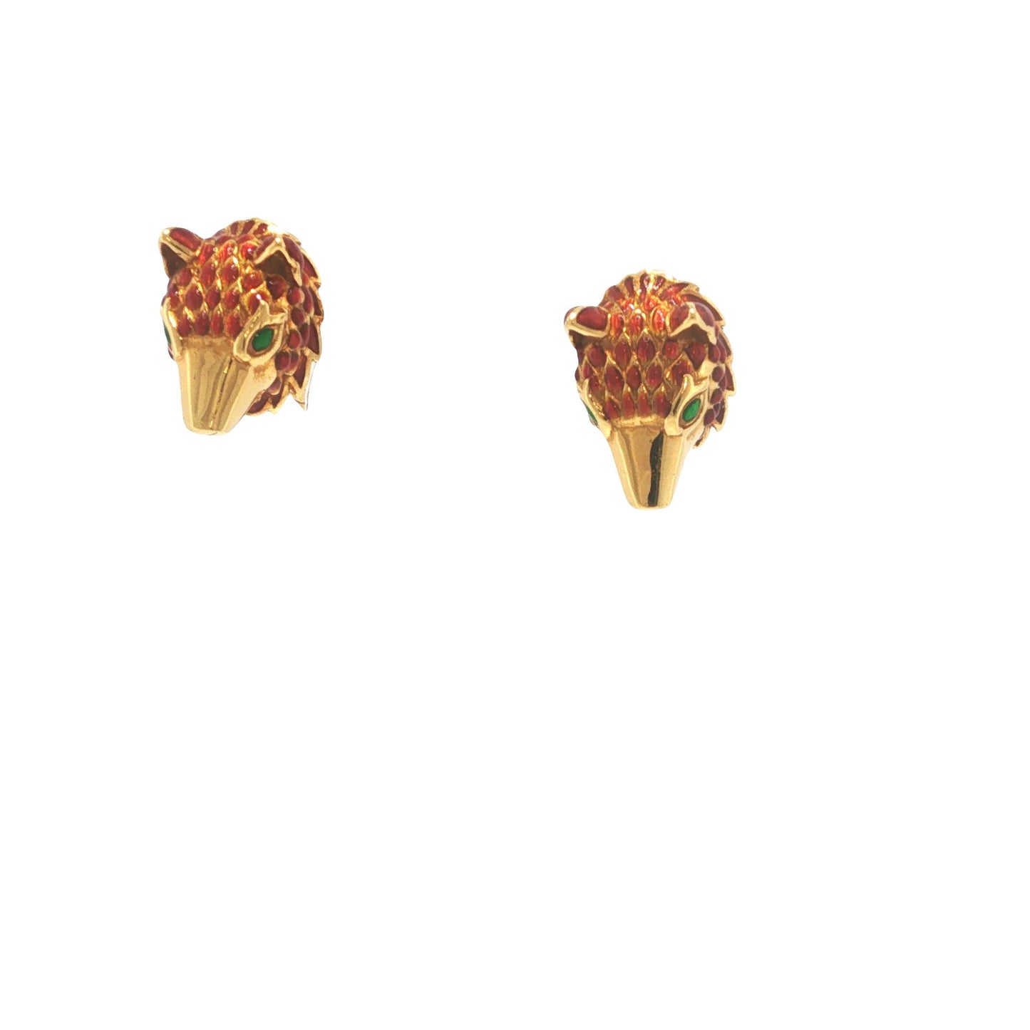 David Webb 18K Gold Red Enamel Wolf Head Cufflinks