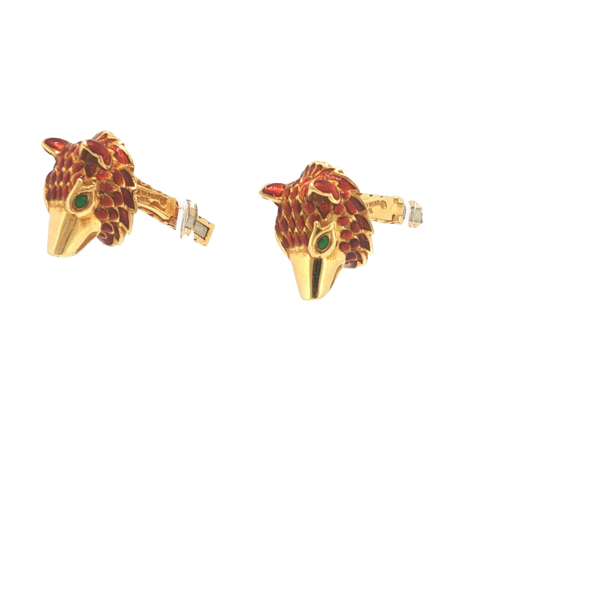 David Webb 18K Gold Red Enamel Wolf Head Cufflinks